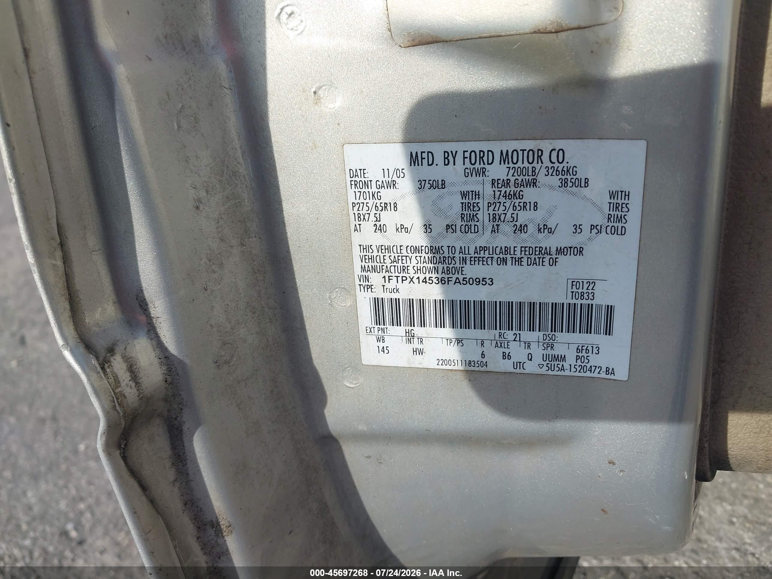 2006 Ford F-150 Fx4/lariat/xl/xlt Silver vin: 1FTPX14536FA50953