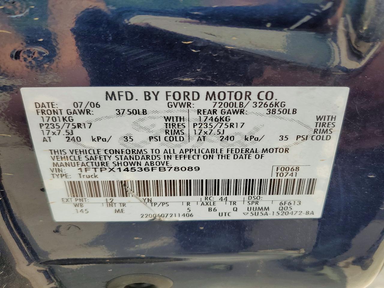 2006 Ford F150 Blue vin: 1FTPX14536FB78089