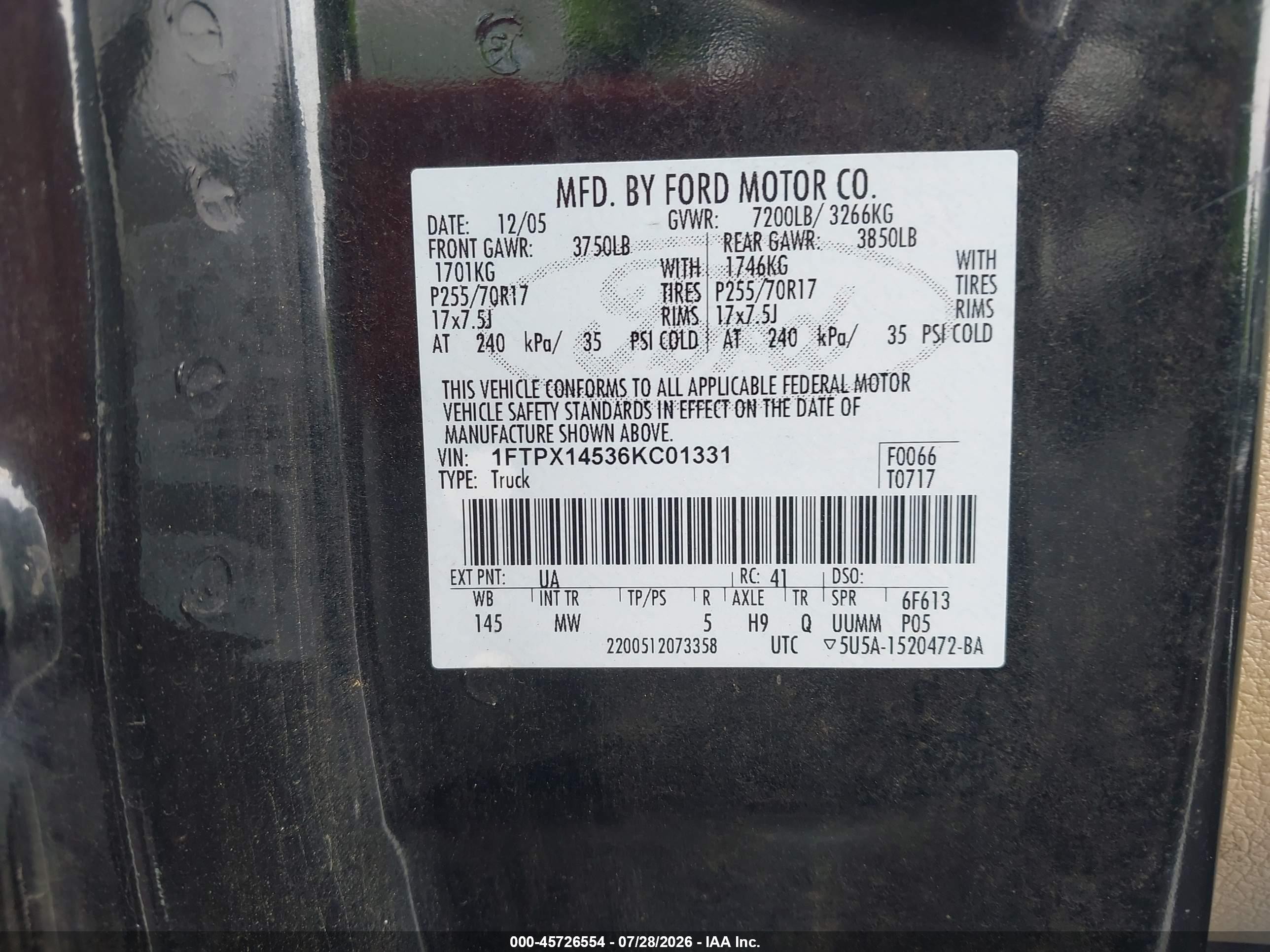 2006 Ford F-150 Fx4/lariat/xl/xlt Black vin: 1FTPX14536KC01331