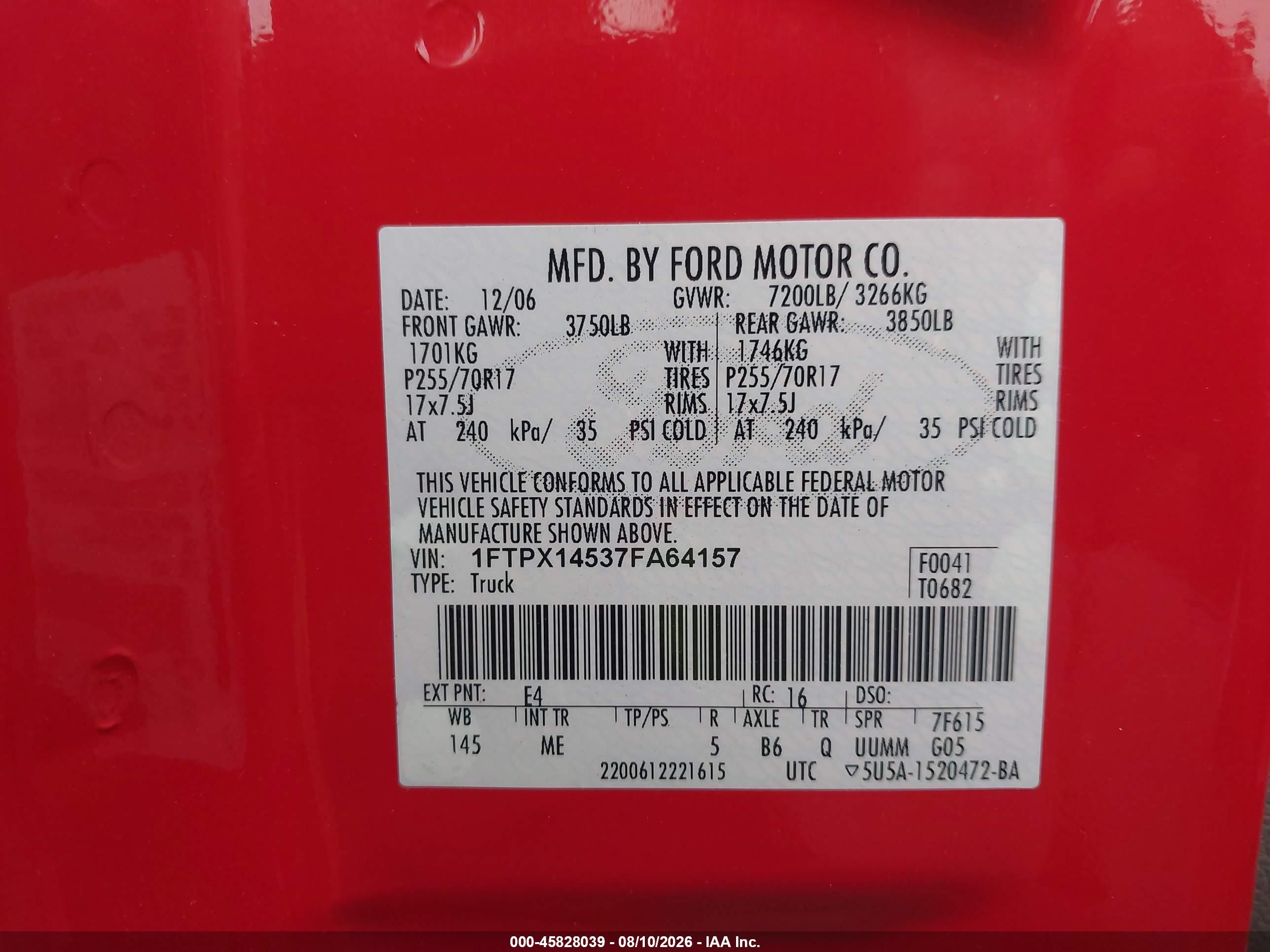 2007 Ford F-150 Fx4/lariat/xl/xlt Red vin: 1FTPX14537FA64157