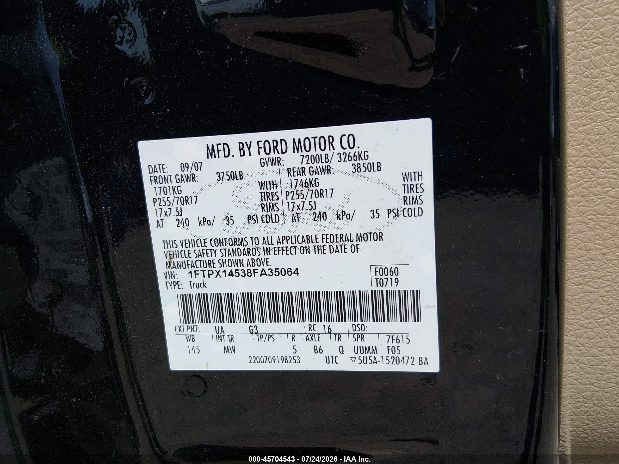 2008 Ford F-150 60th Anniversary/fx4/lariat/xl/xlt Black vin: 1FTPX14538FA35064