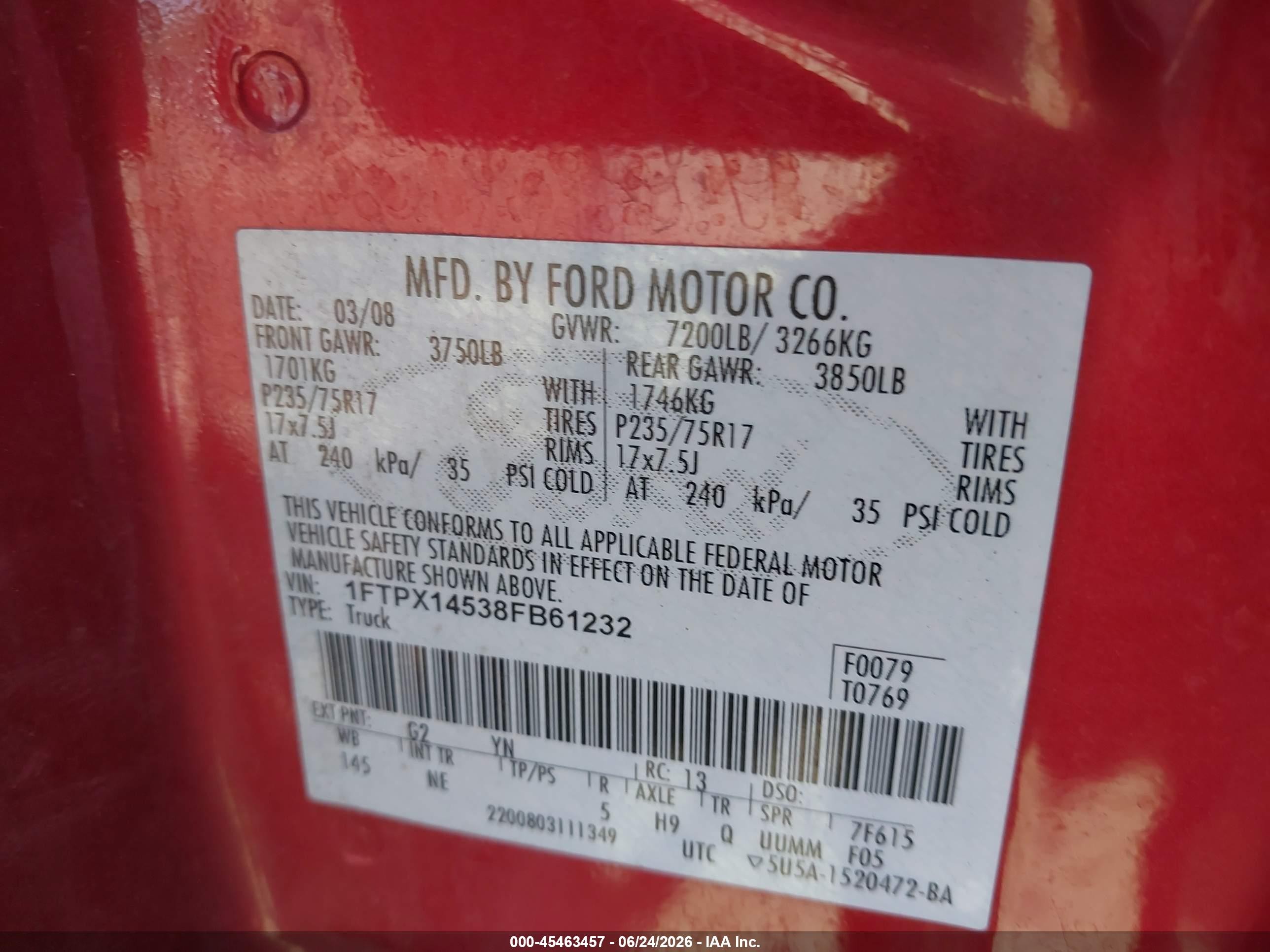 2008 Ford F-150 Xlt Red vin: 1FTPX14538FB61232