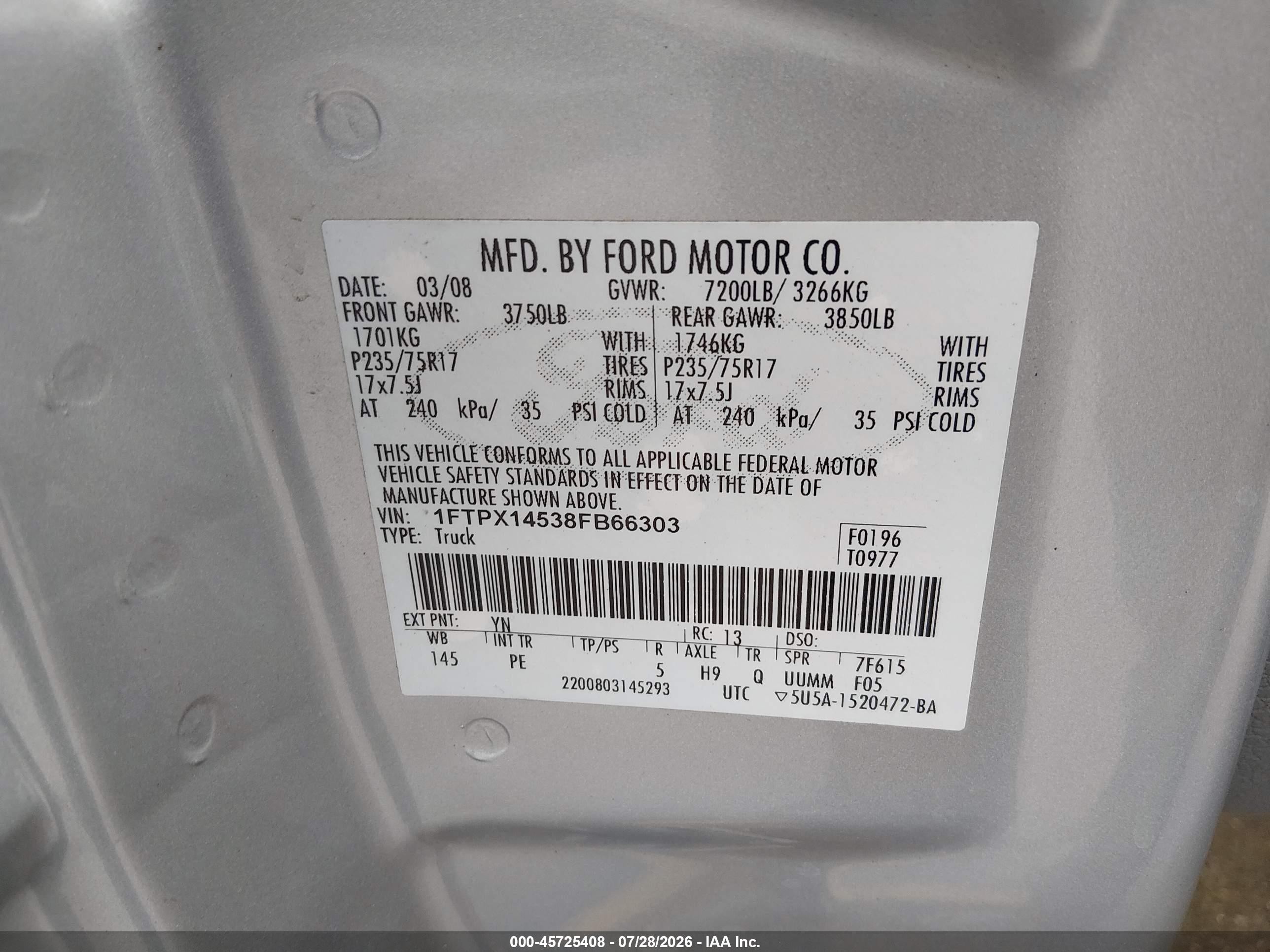 2008 Ford F-150 60th Anniversary/fx4/lariat/xl/xlt Silver vin: 1FTPX14538FB66303