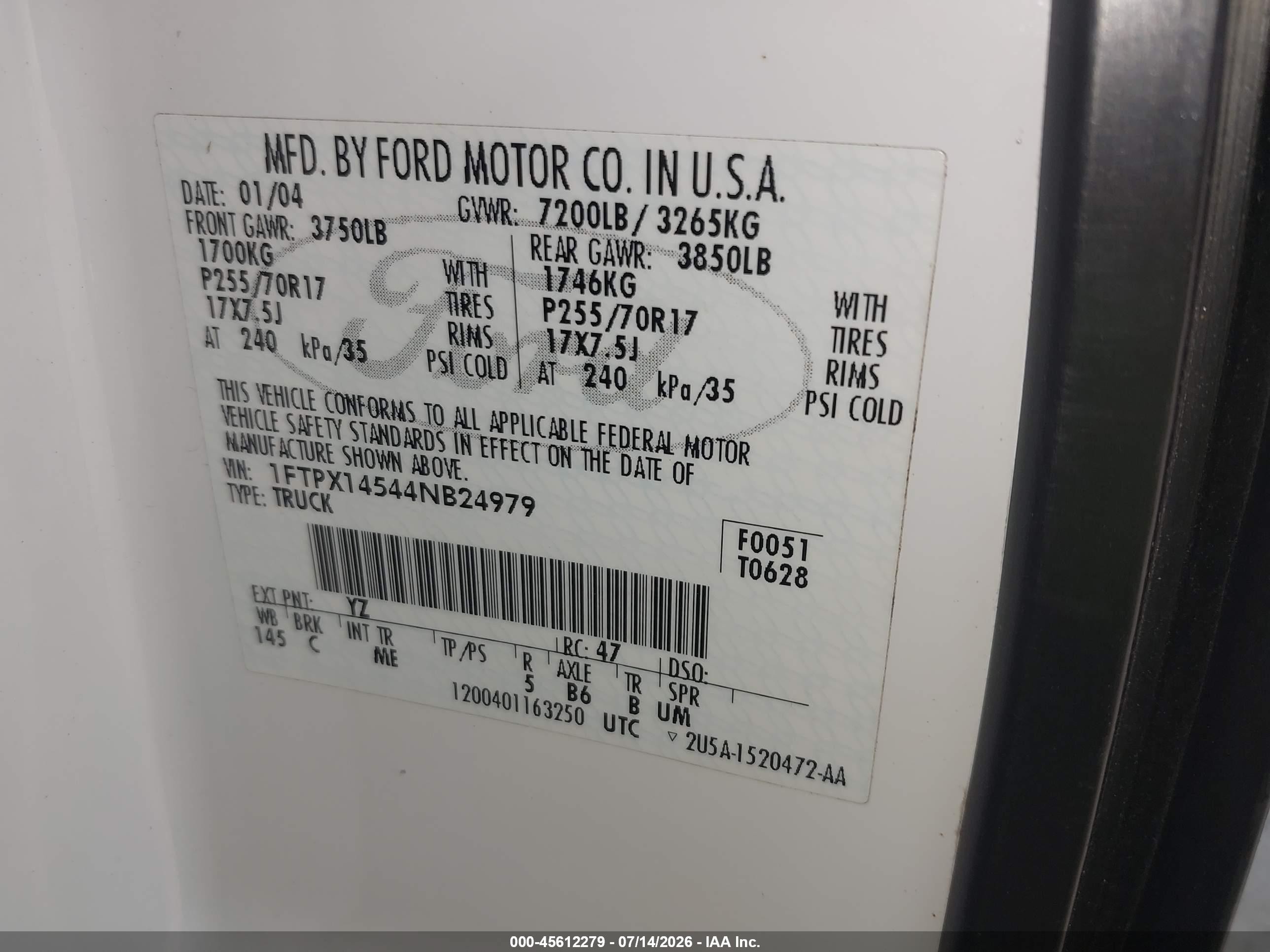 2004 Ford F-150 Fx4/lariat/xl/xlt White vin: 1FTPX14544NB24979