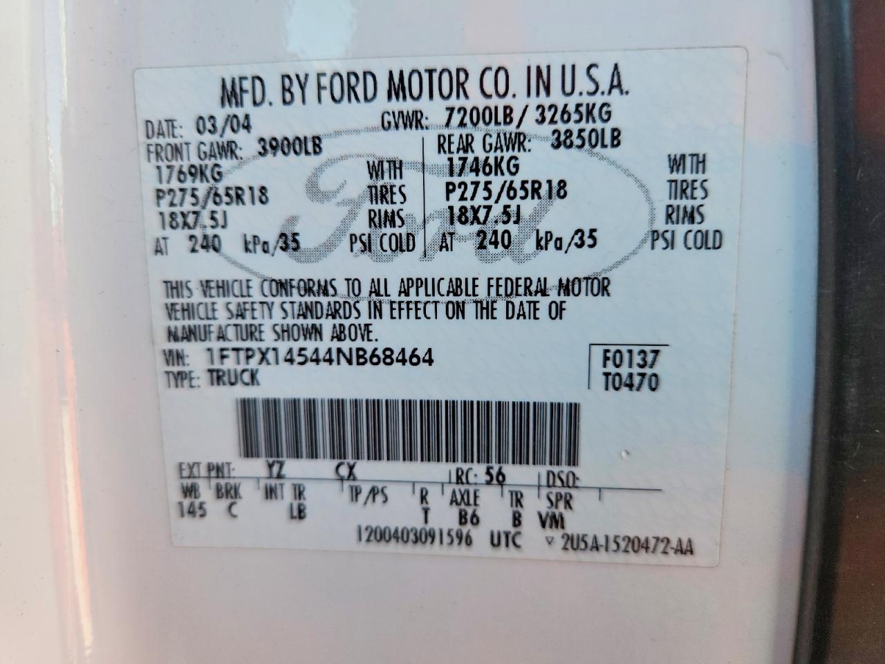 2004 Ford F150 White vin: 1FTPX14544NB68464