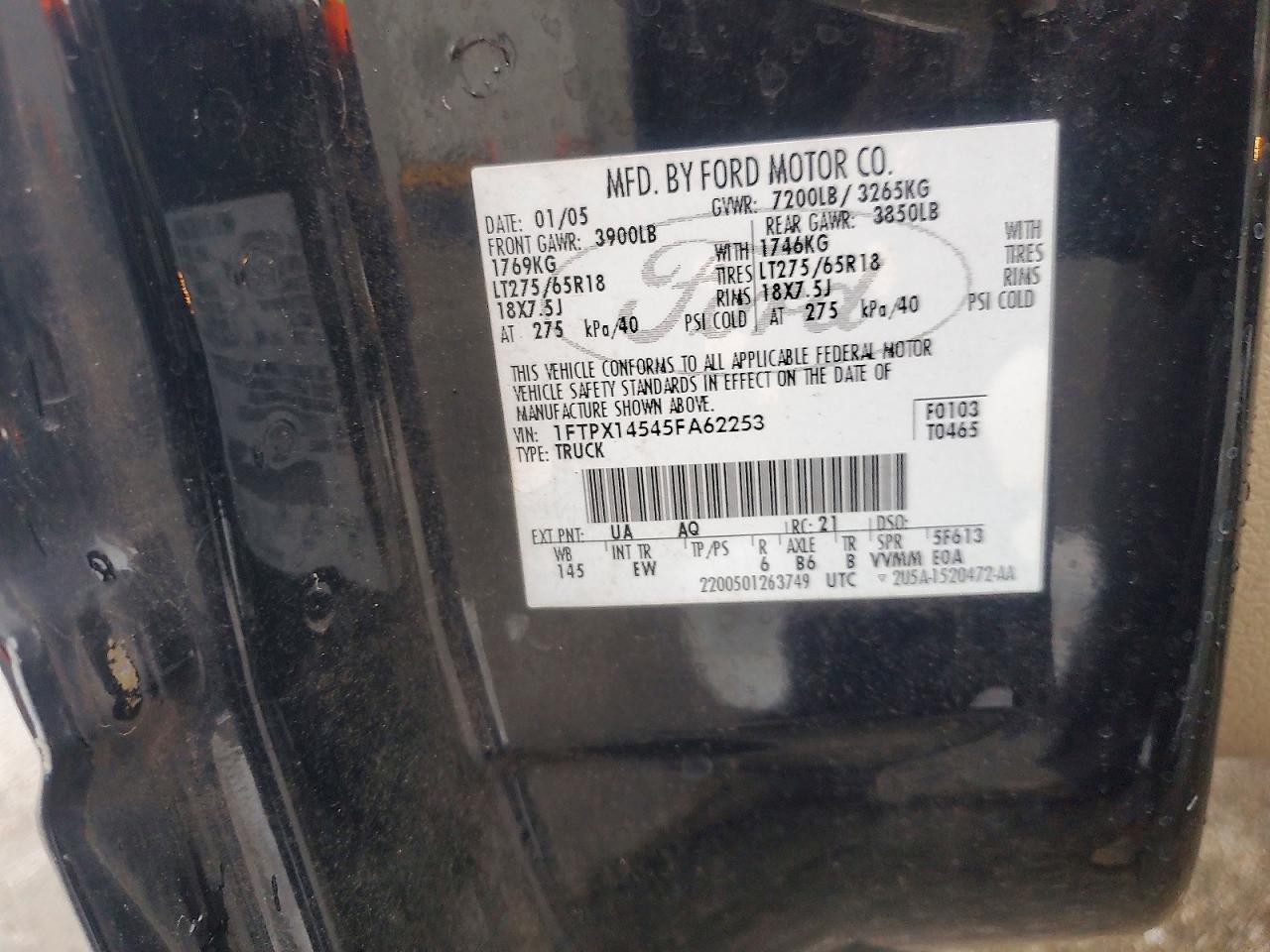 2005 Ford F150 Black vin: 1FTPX14545FA62253