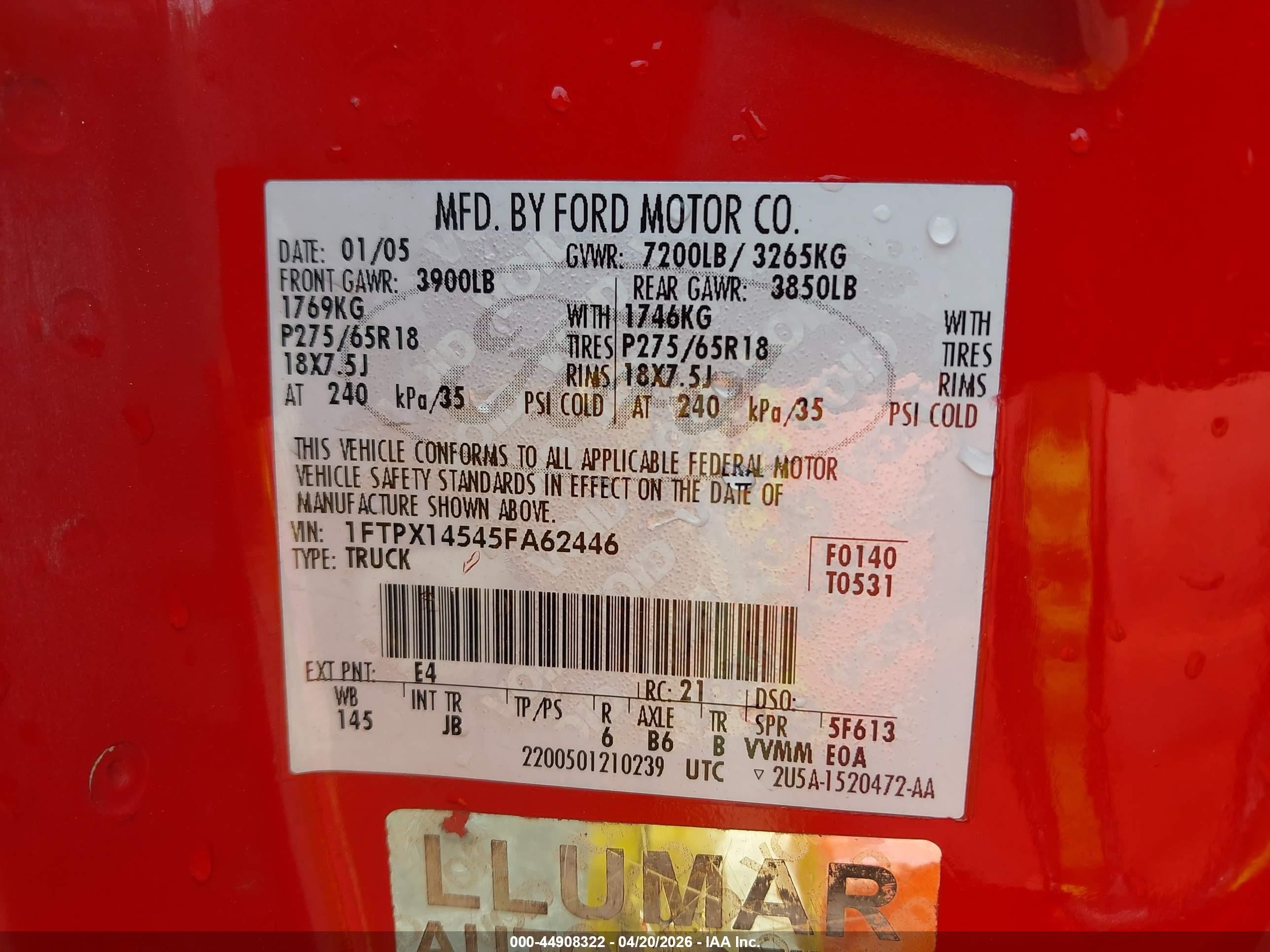 2005 Ford F-150 Fx4/lariat/xl/xlt Красный vin: 1FTPX14545FA62446
