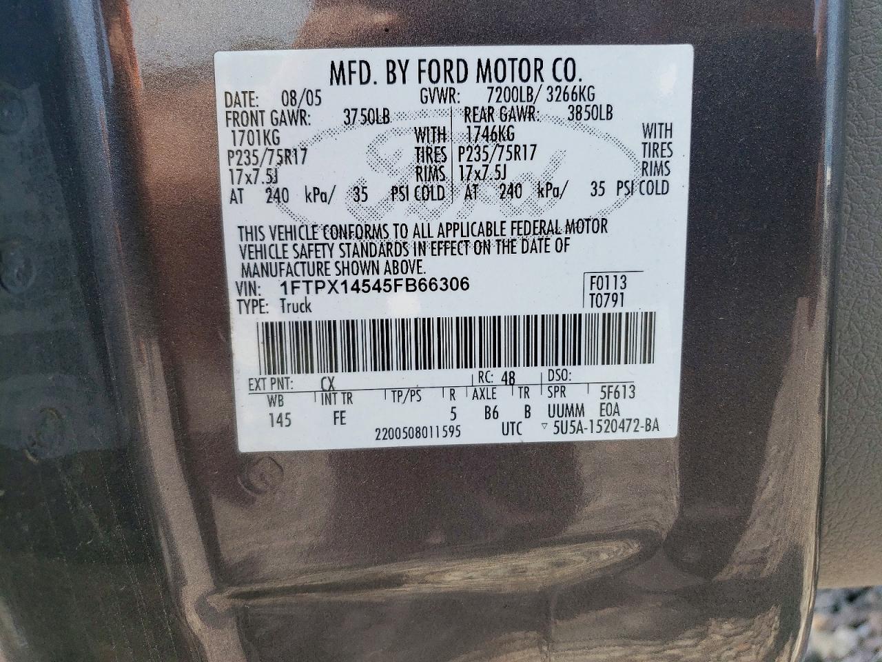 2005 Ford F150 Gray vin: 1FTPX14545FB66306