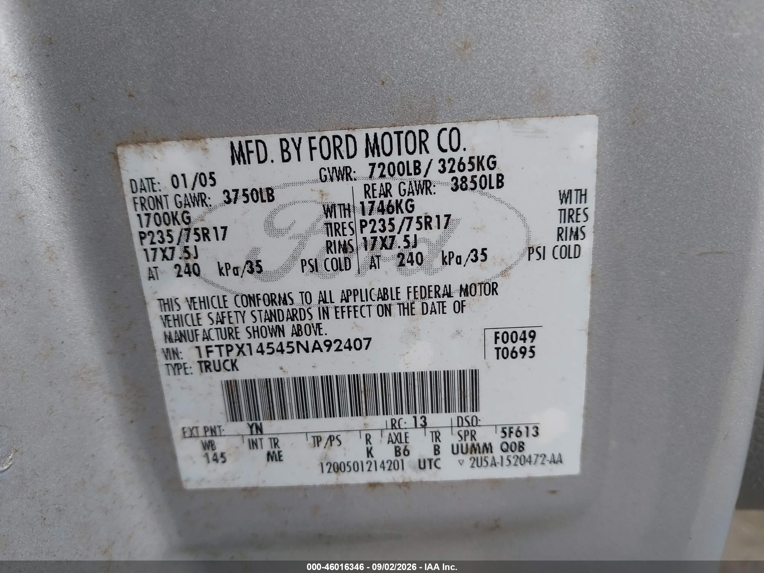 2005 Ford F-150 Fx4/lariat/xl/xlt Silver vin: 1FTPX14545NA92407