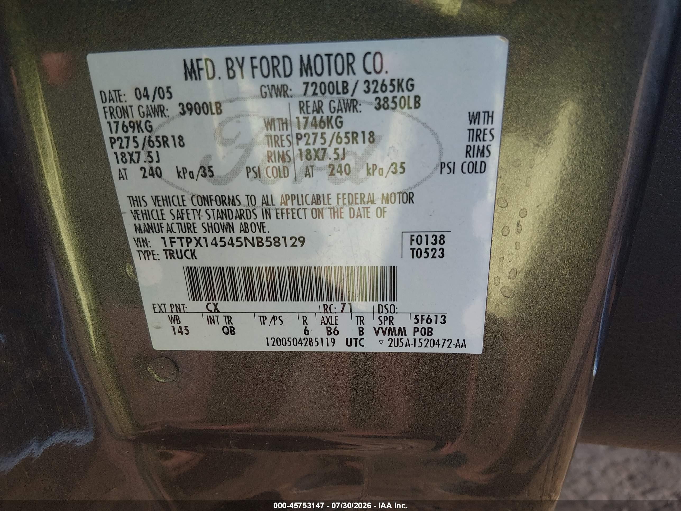 2005 Ford F-150 Fx4/lariat/xl/xlt Gray vin: 1FTPX14545NB58129
