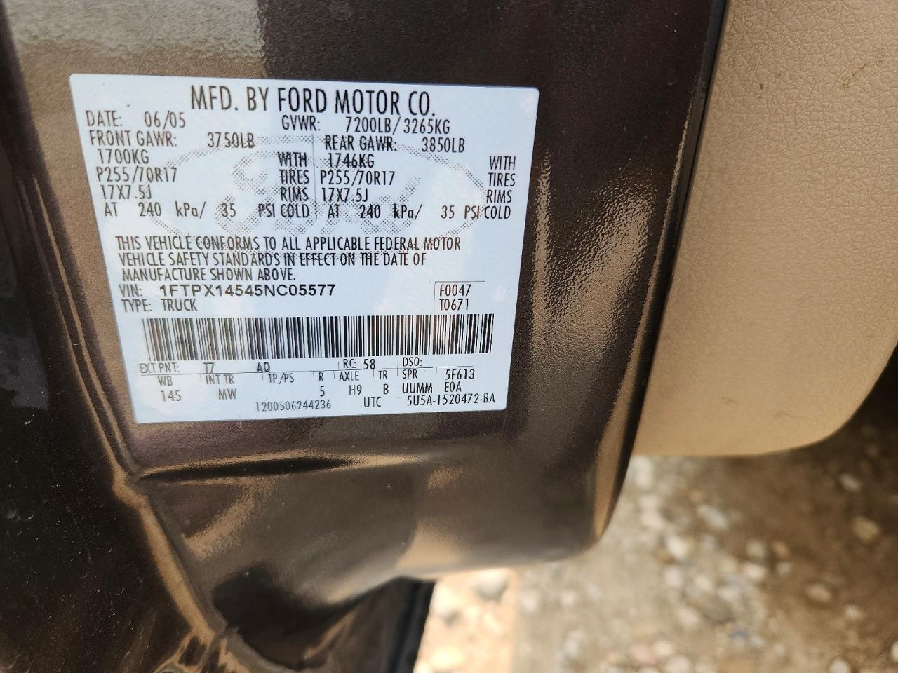 2005 Ford F150 Charcoal vin: 1FTPX14545NC05577