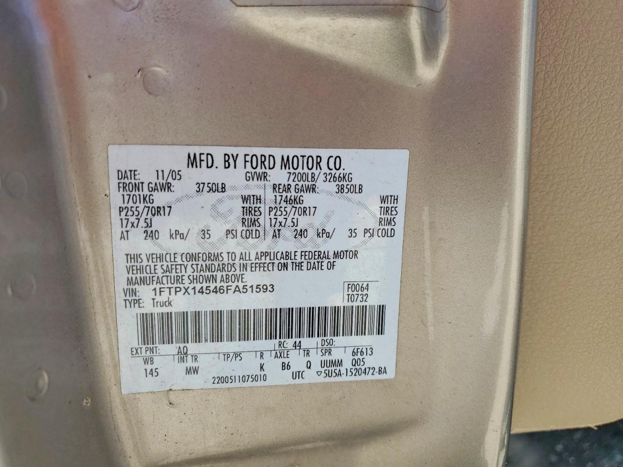 2006 Ford F150 Gold vin: 1FTPX14546FA51593