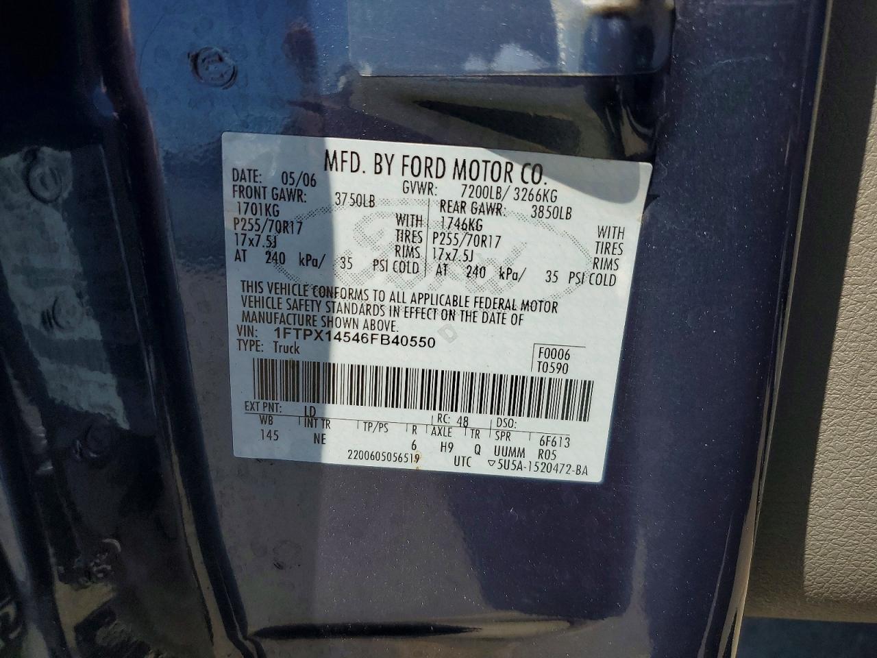 2006 Ford F150 Blue vin: 1FTPX14546FB40550
