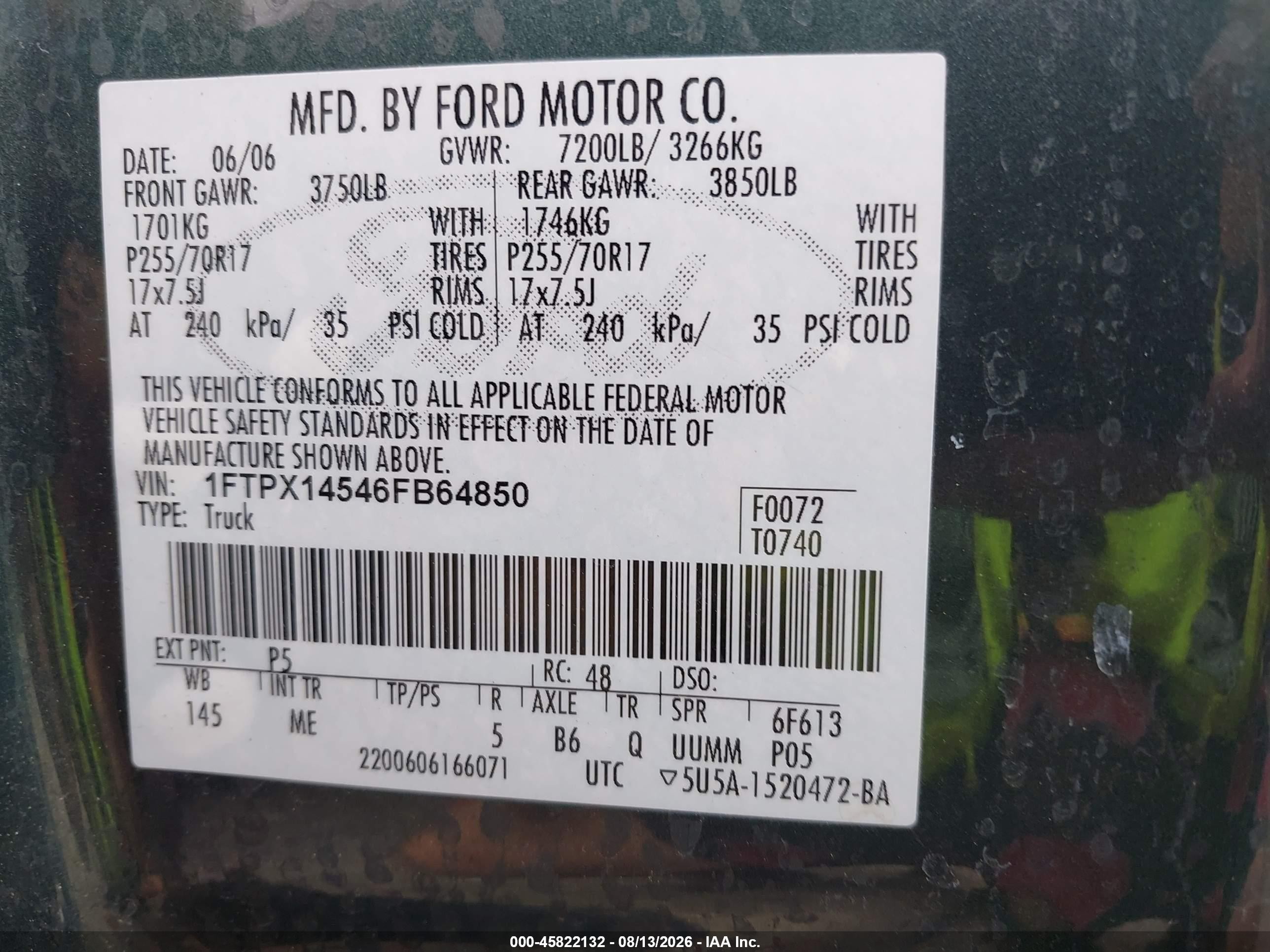 2006 Ford F-150 Fx4/lariat/xl/xlt Green vin: 1FTPX14546FB64850