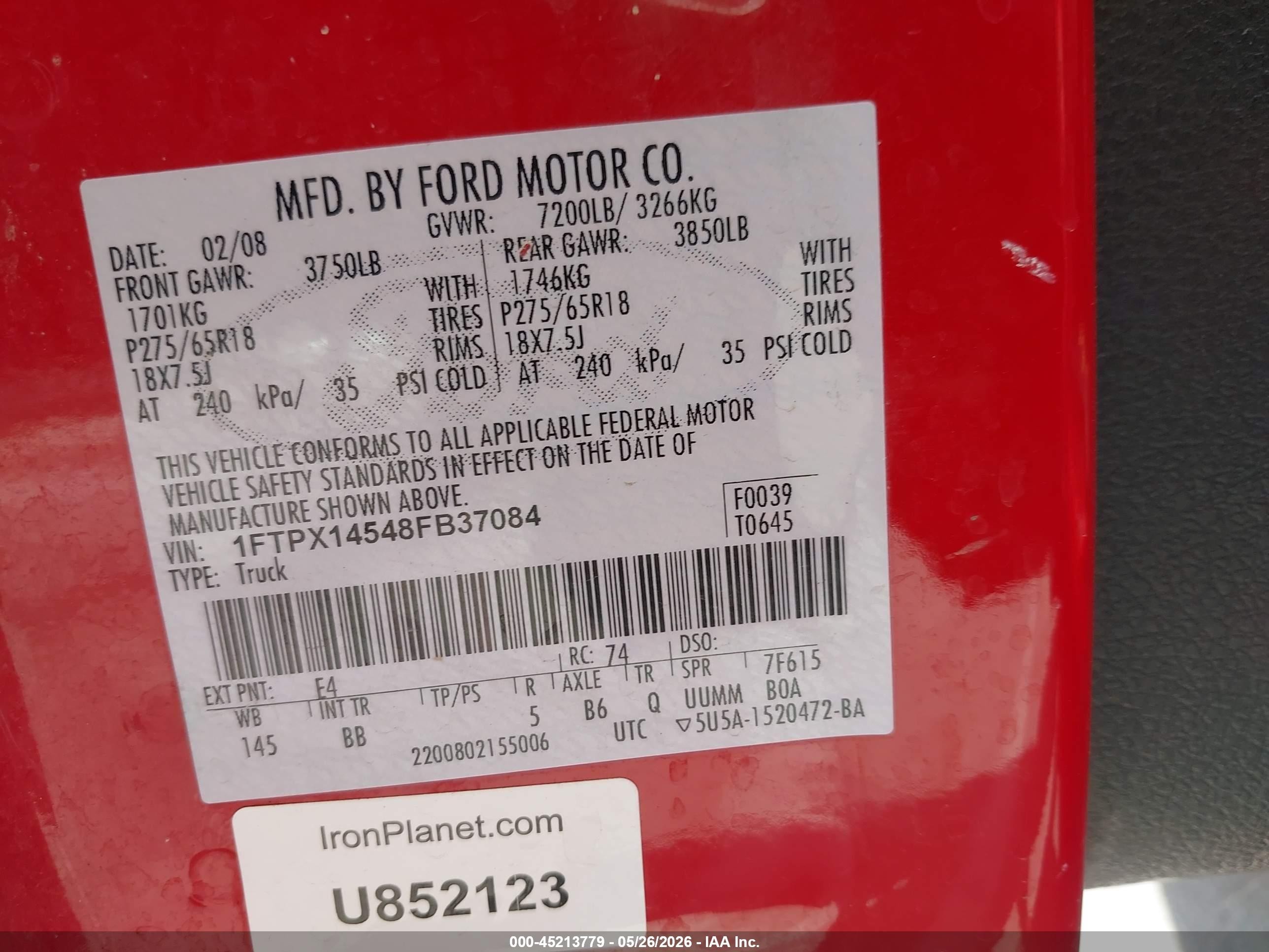 2008 Ford F-150 Fx4/lariat/xl/xlt Красный vin: 1FTPX14548FB37084