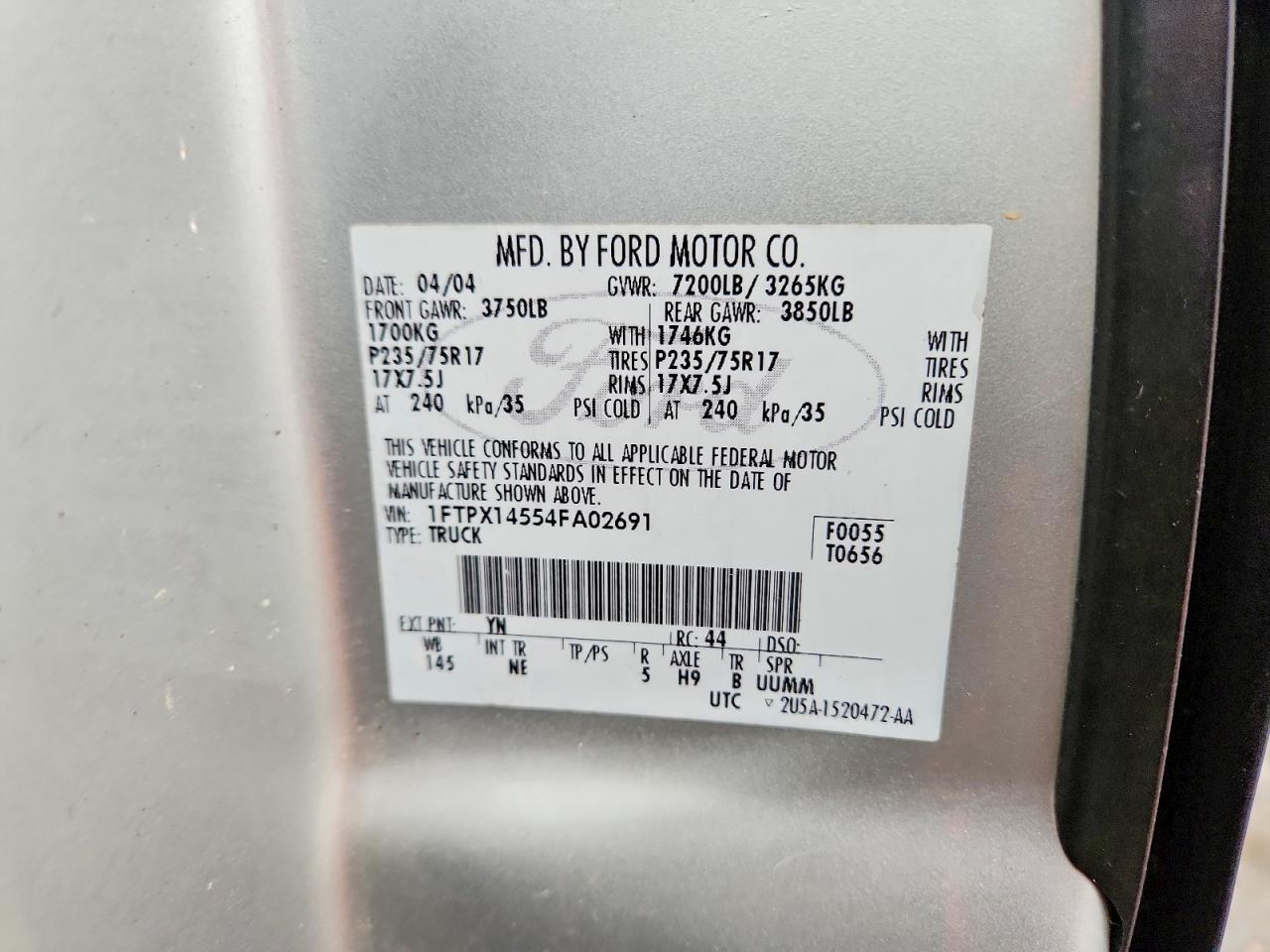 2004 Ford F150 Silver vin: 1FTPX14554FA02691