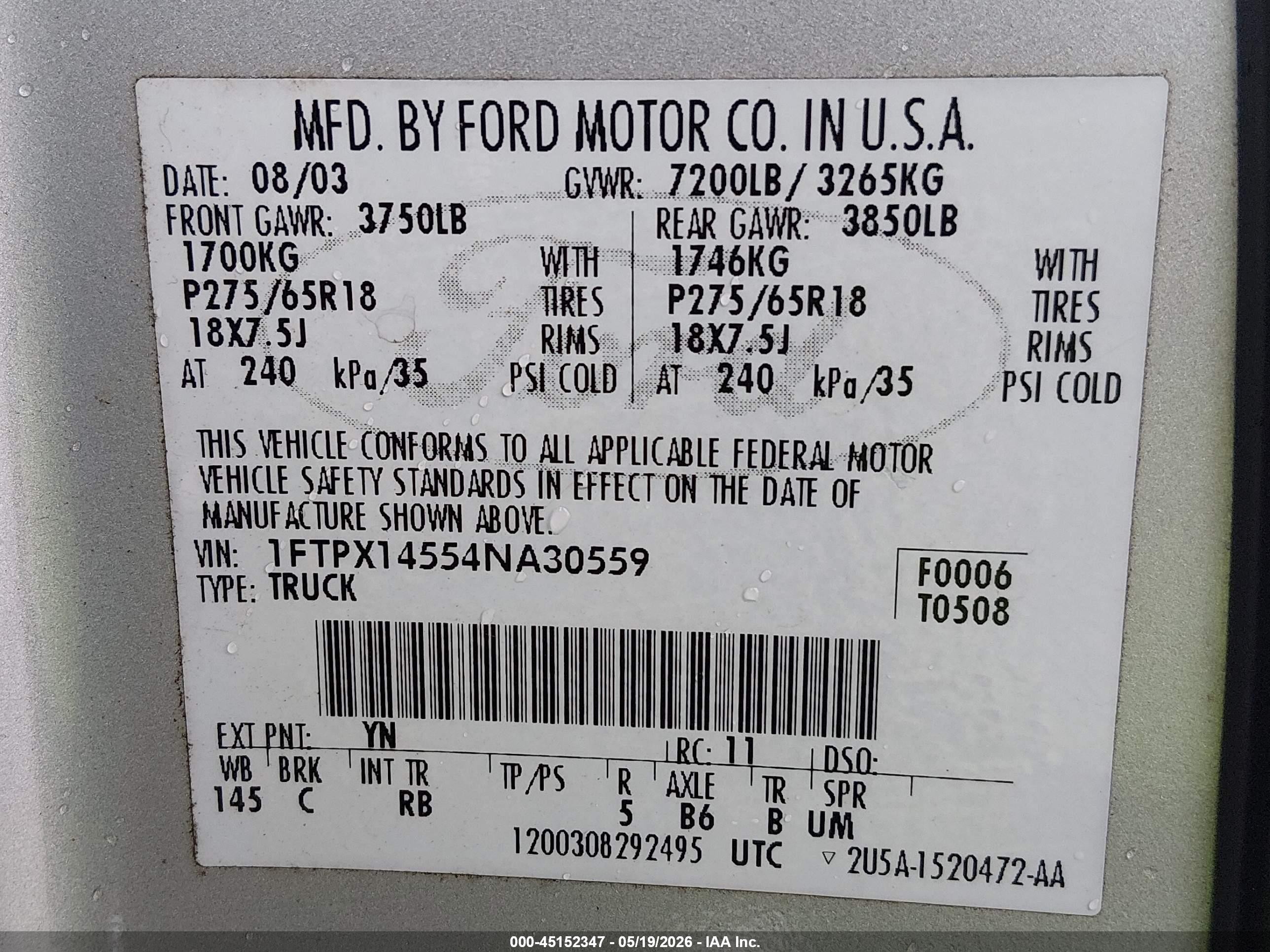 2004 Ford F-150 Fx4/lariat/xl/xlt Silver vin: 1FTPX14554NA30559