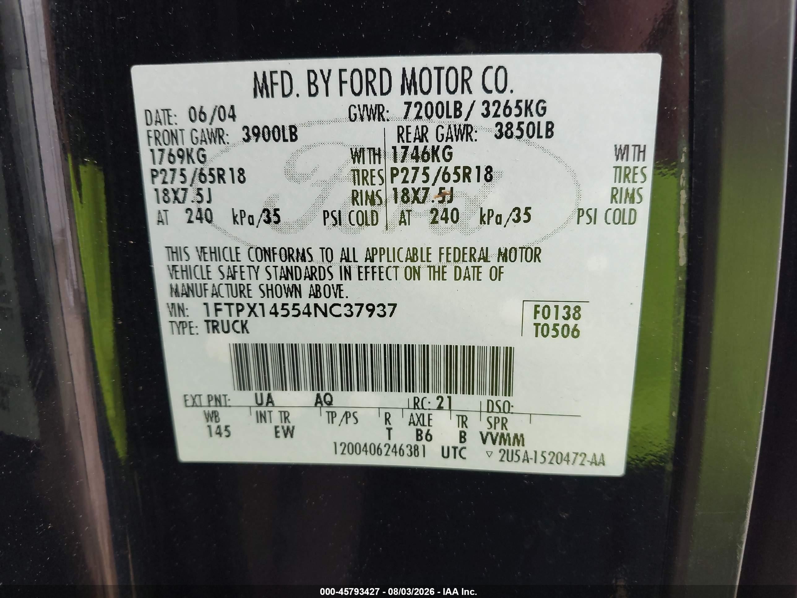 2004 Ford F-150 Fx4/lariat/xl/xlt Black vin: 1FTPX14554NC37937