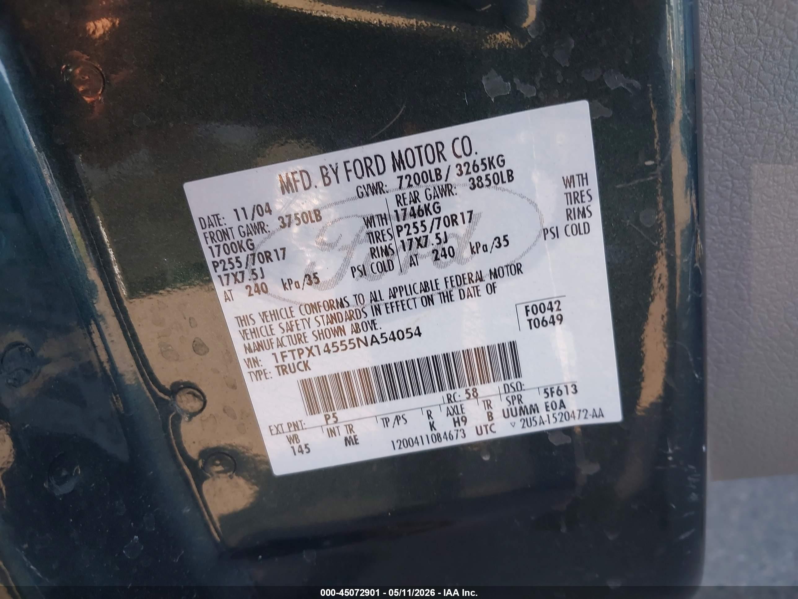 2005 Ford F-150 Fx4/lariat/xl/xlt Green vin: 1FTPX14555NA54054