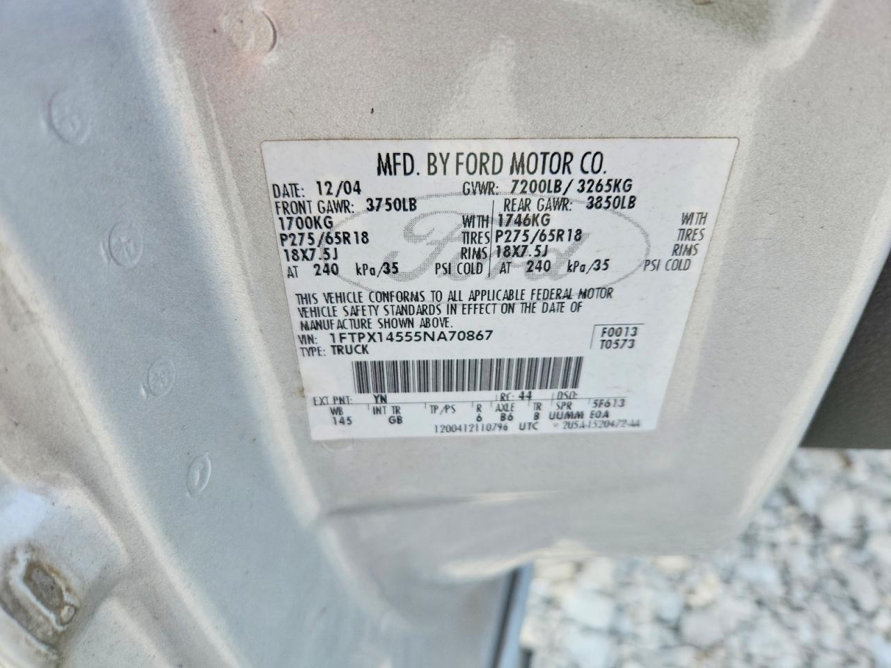 2005 Ford F150 Gray vin: 1FTPX14555NA70867
