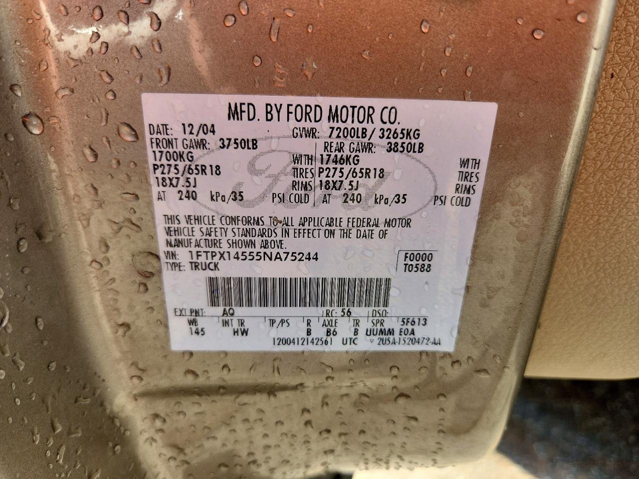 2005 Ford F150 Beige vin: 1FTPX14555NA75244