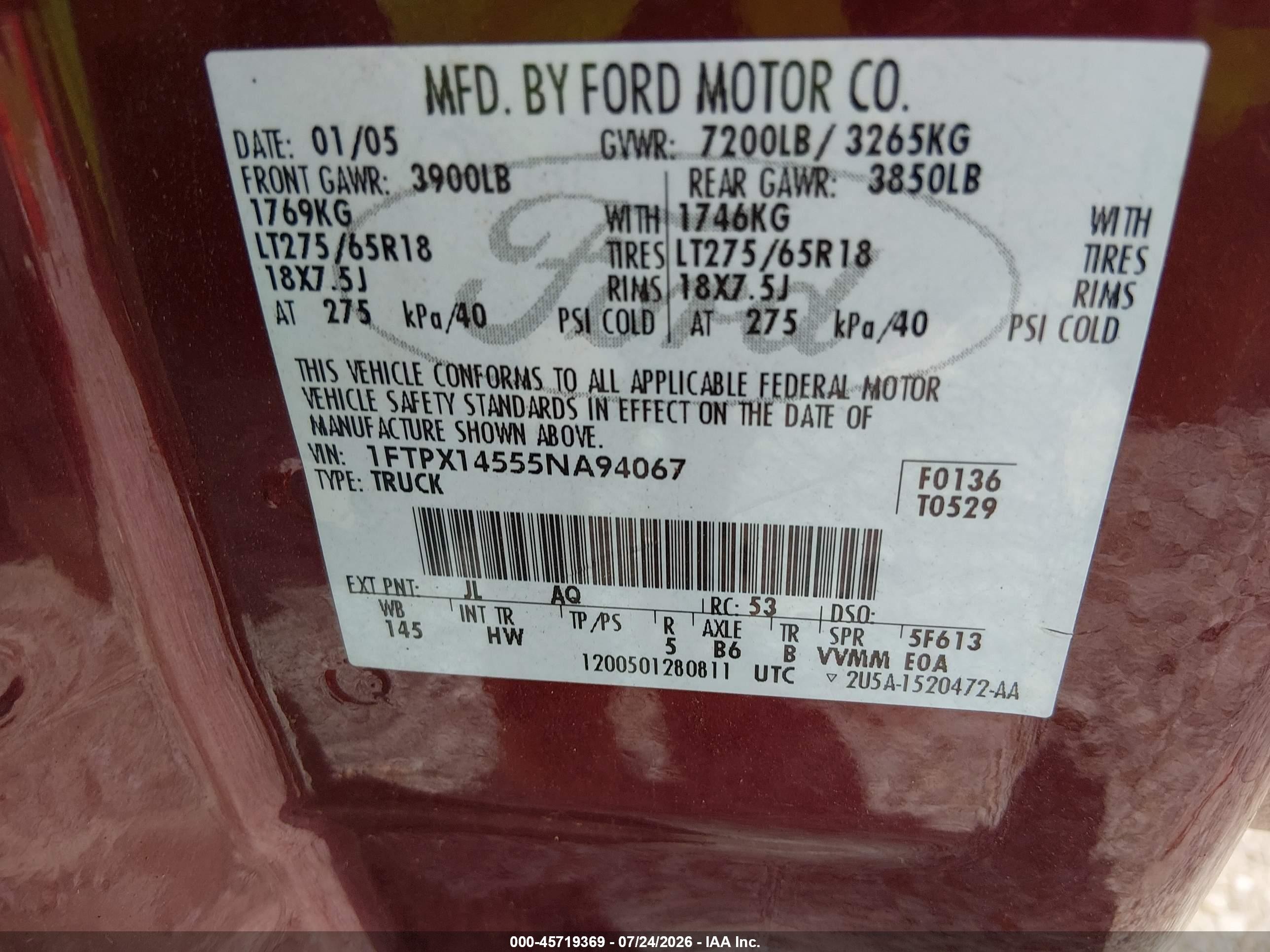2005 Ford F-150 Fx4/lariat/xl/xlt Burgundy vin: 1FTPX14555NA94067