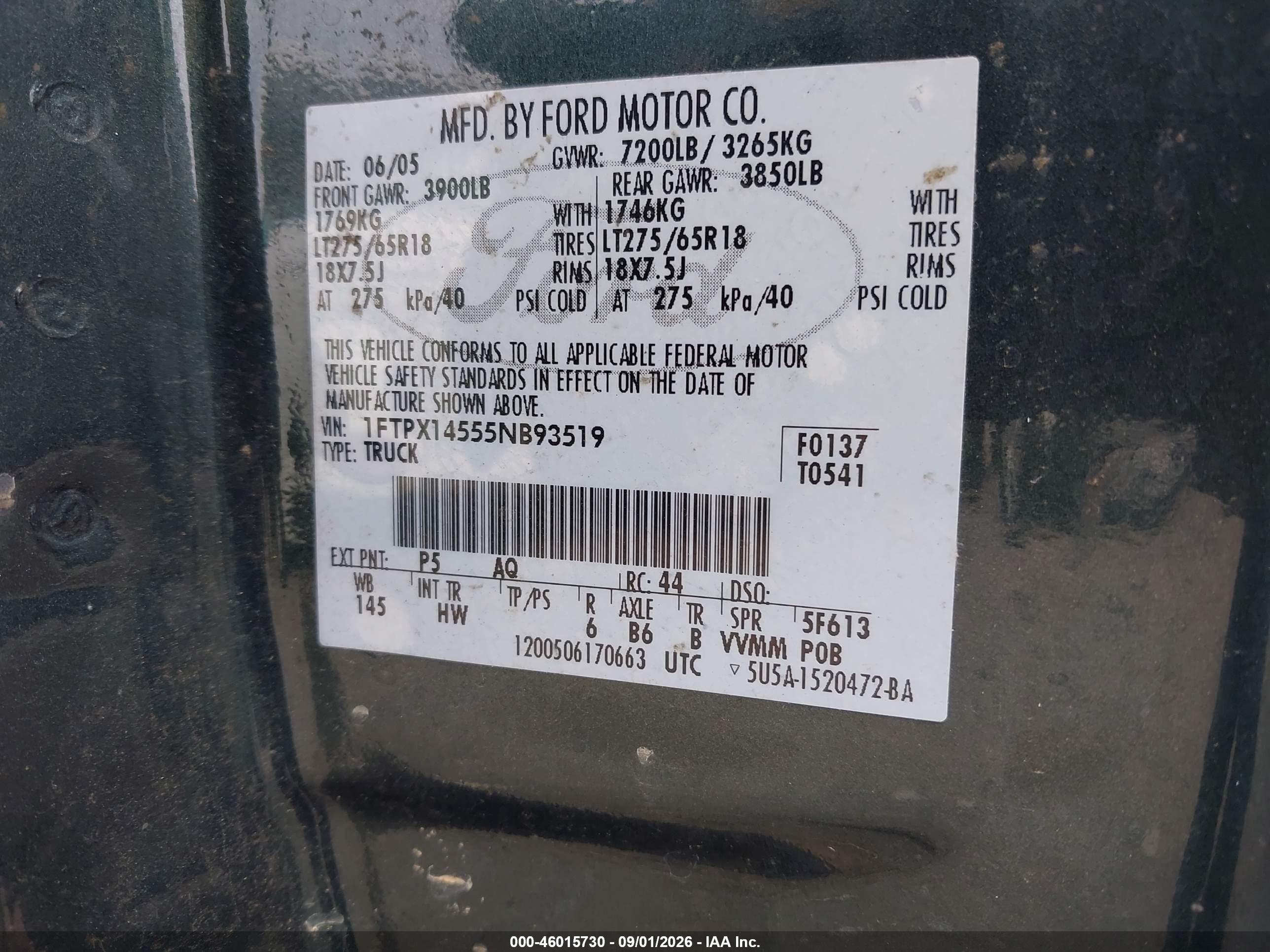 2005 Ford F-150 Fx4/lariat/xl/xlt Зеленый vin: 1FTPX14555NB93519