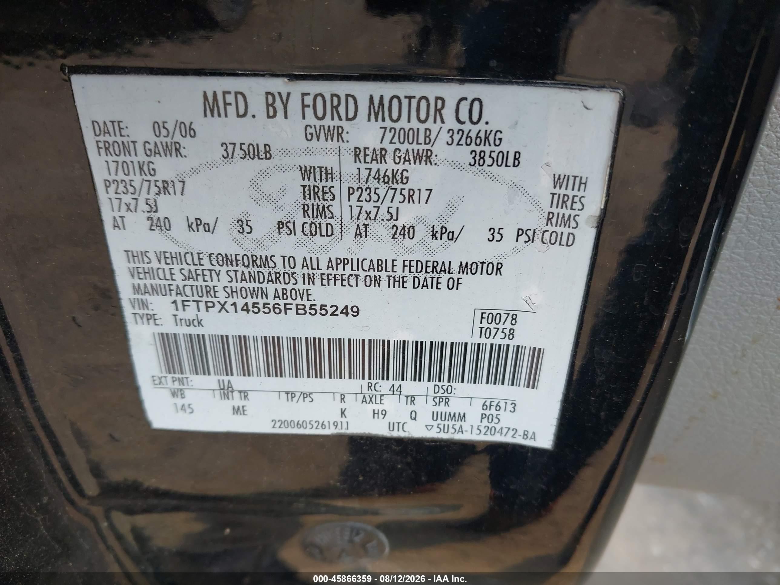 2006 Ford F-150 Fx4/lariat/xl/xlt Black vin: 1FTPX14556FB55249