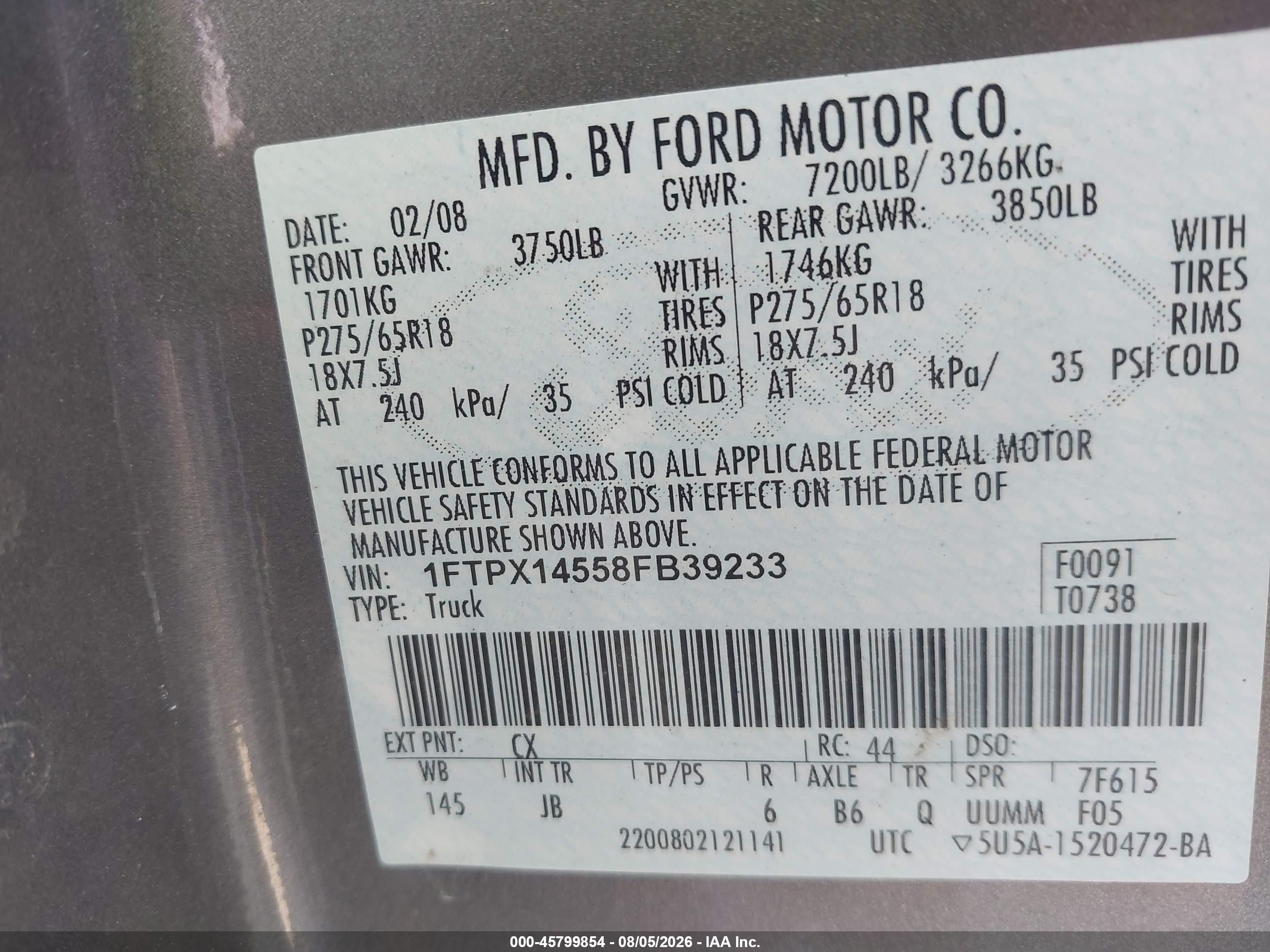 2008 Ford F150   Gray vin: 1FTPX14558FB39233