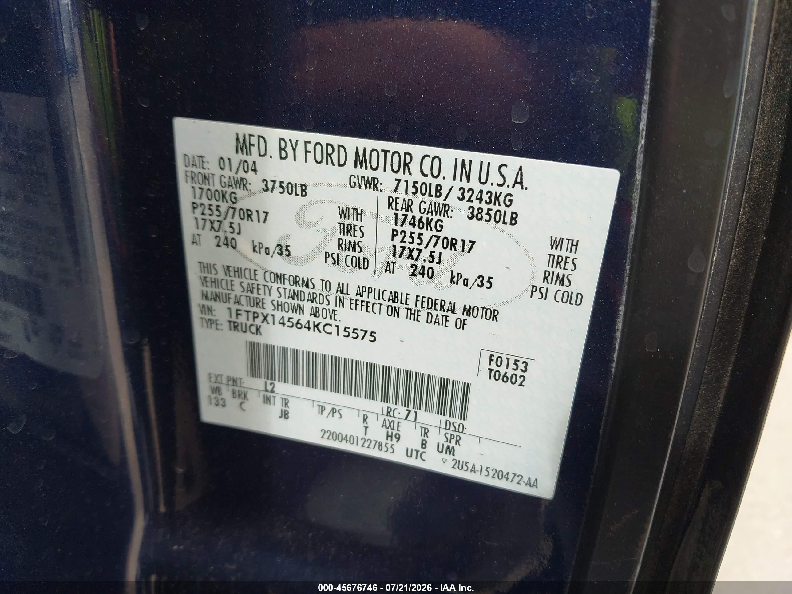 2004 Ford F-150 Fx4/lariat/xl/xlt Dark Blue vin: 1FTPX14564KC15575