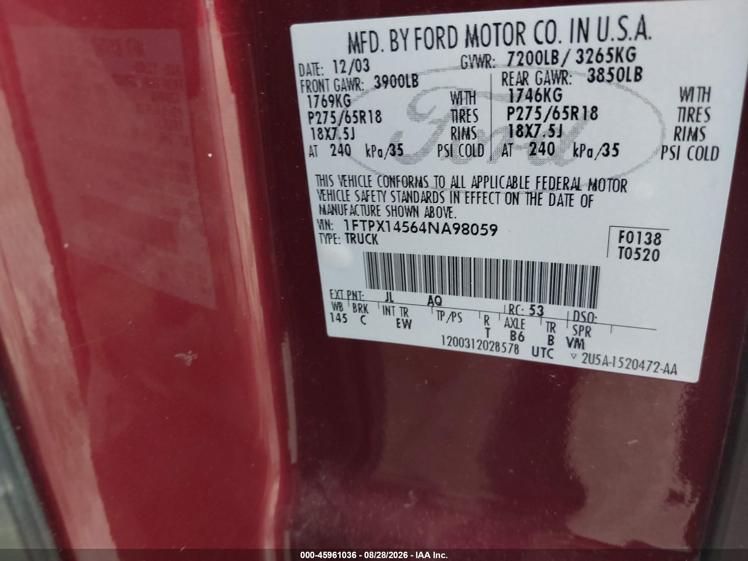 2004 Ford F-150 Fx4/lariat/xl/xlt Burgundy vin: 1FTPX14564NA98059