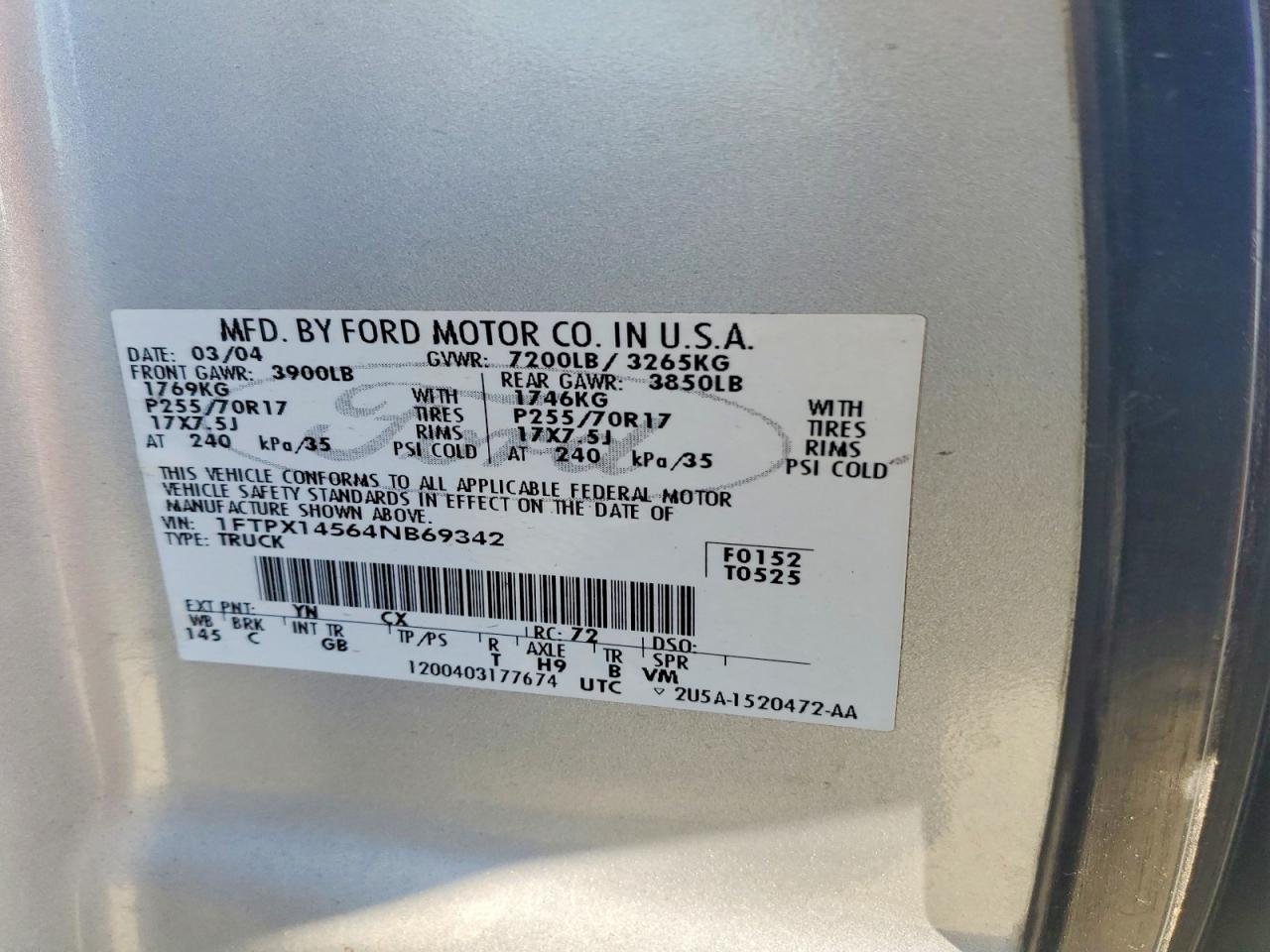 2004 Ford F150 Silver vin: 1FTPX14564NB69342