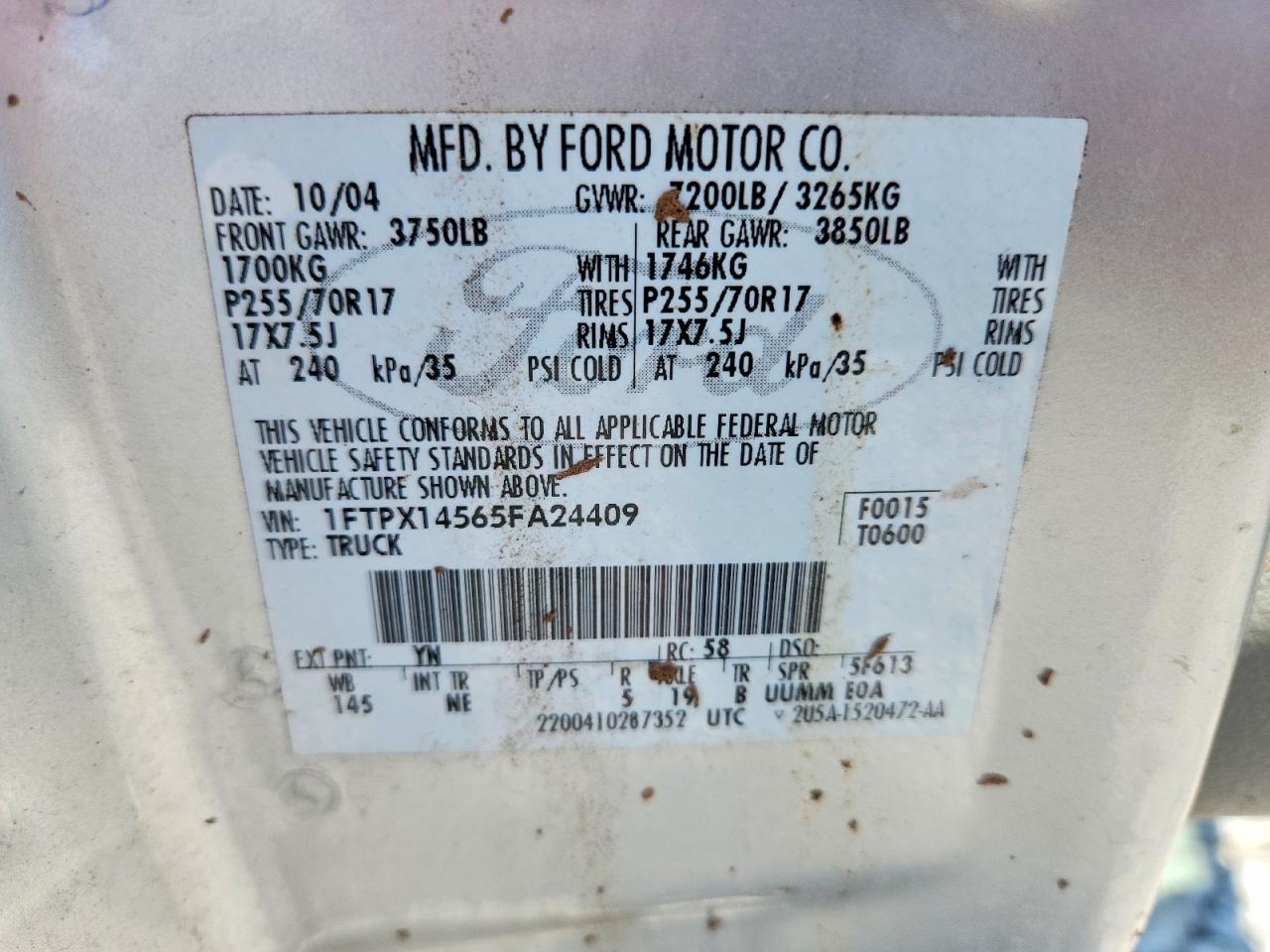 2005 Ford F-150 Silver vin: 1FTPX14565FA24409
