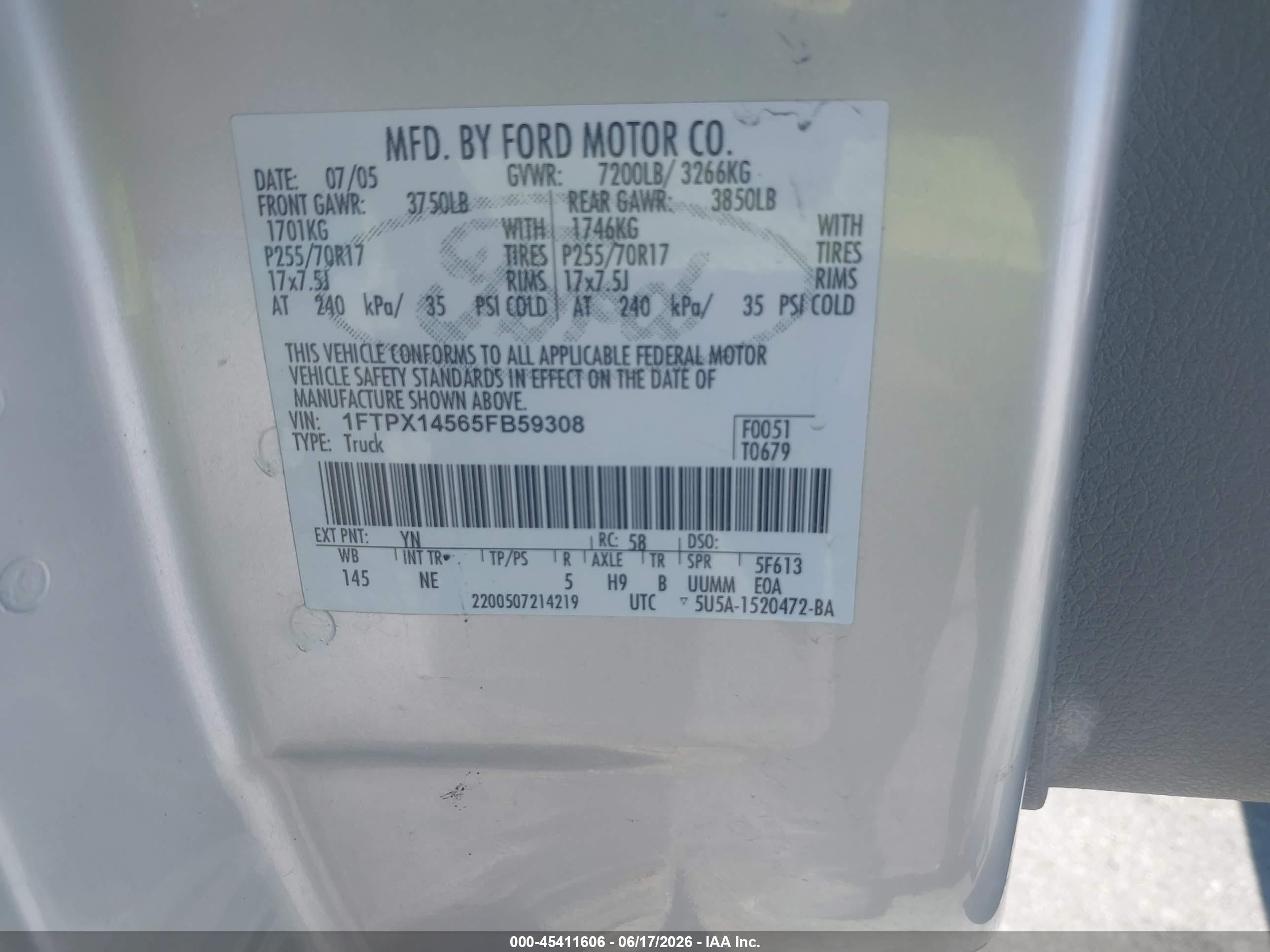 2005 Ford F-150 Fx4/lariat/xl/xlt Silver vin: 1FTPX14565FB59308