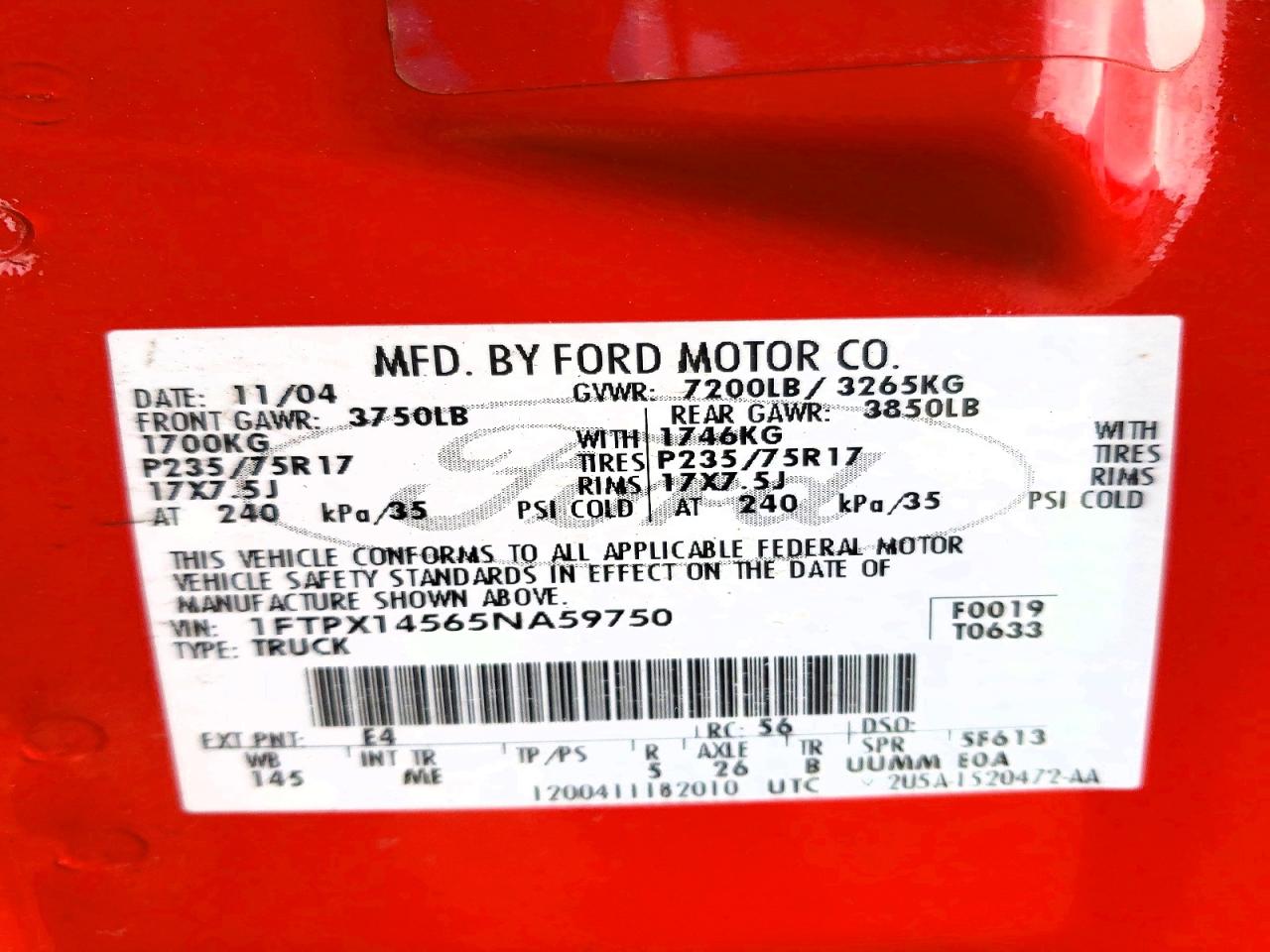 2005 Ford F150 Red vin: 1FTPX14565NA59750