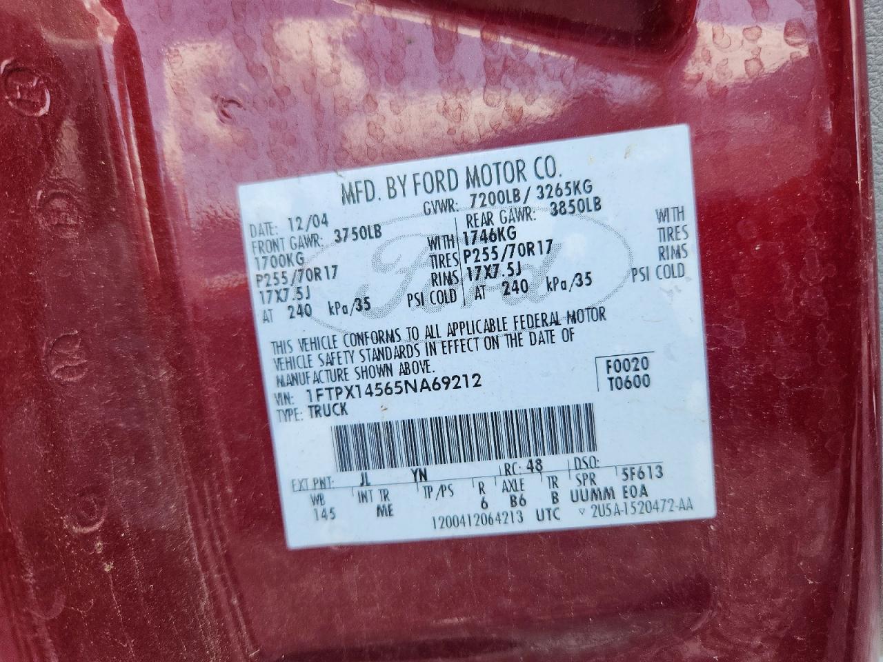 2005 Ford F150 Red vin: 1FTPX14565NA69212