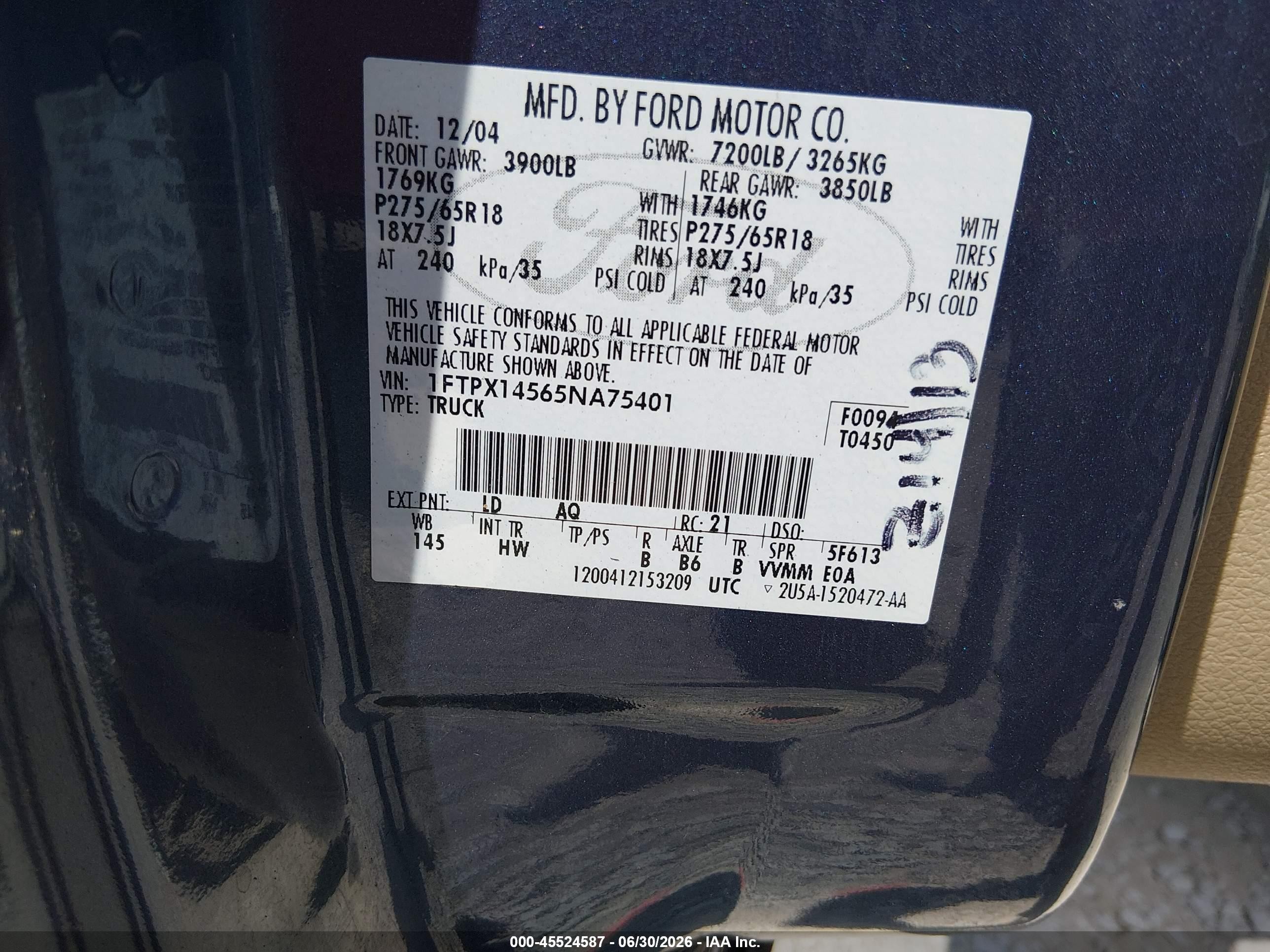 2005 Ford F-150 Fx4/lariat/xl/xlt Blue vin: 1FTPX14565NA75401