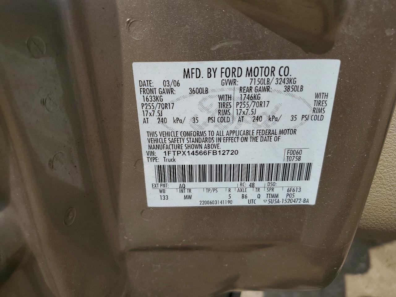 2006 Ford F150 Gold vin: 1FTPX14566FB12720