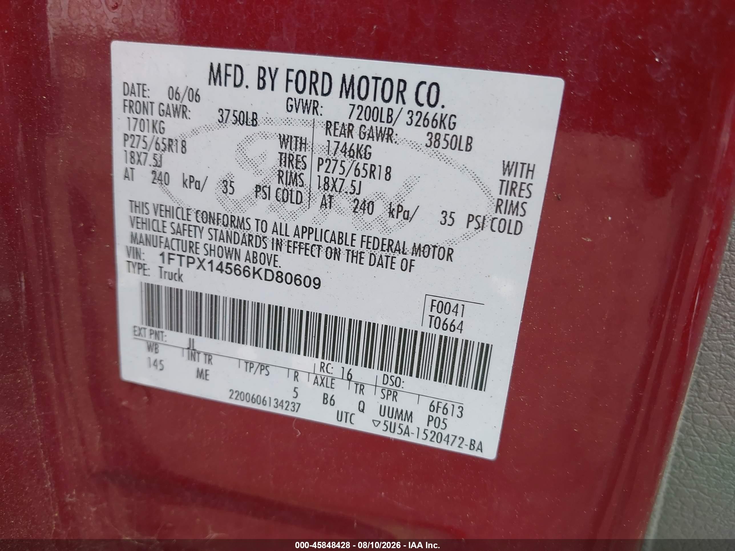 2006 Ford F-150 Fx4/lariat/xl/xlt Burgundy vin: 1FTPX14566KD80609