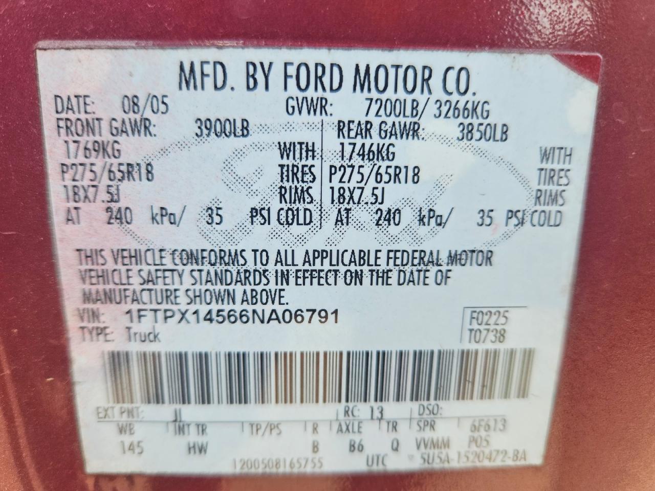 2006 Ford F150 Red vin: 1FTPX14566NA06791