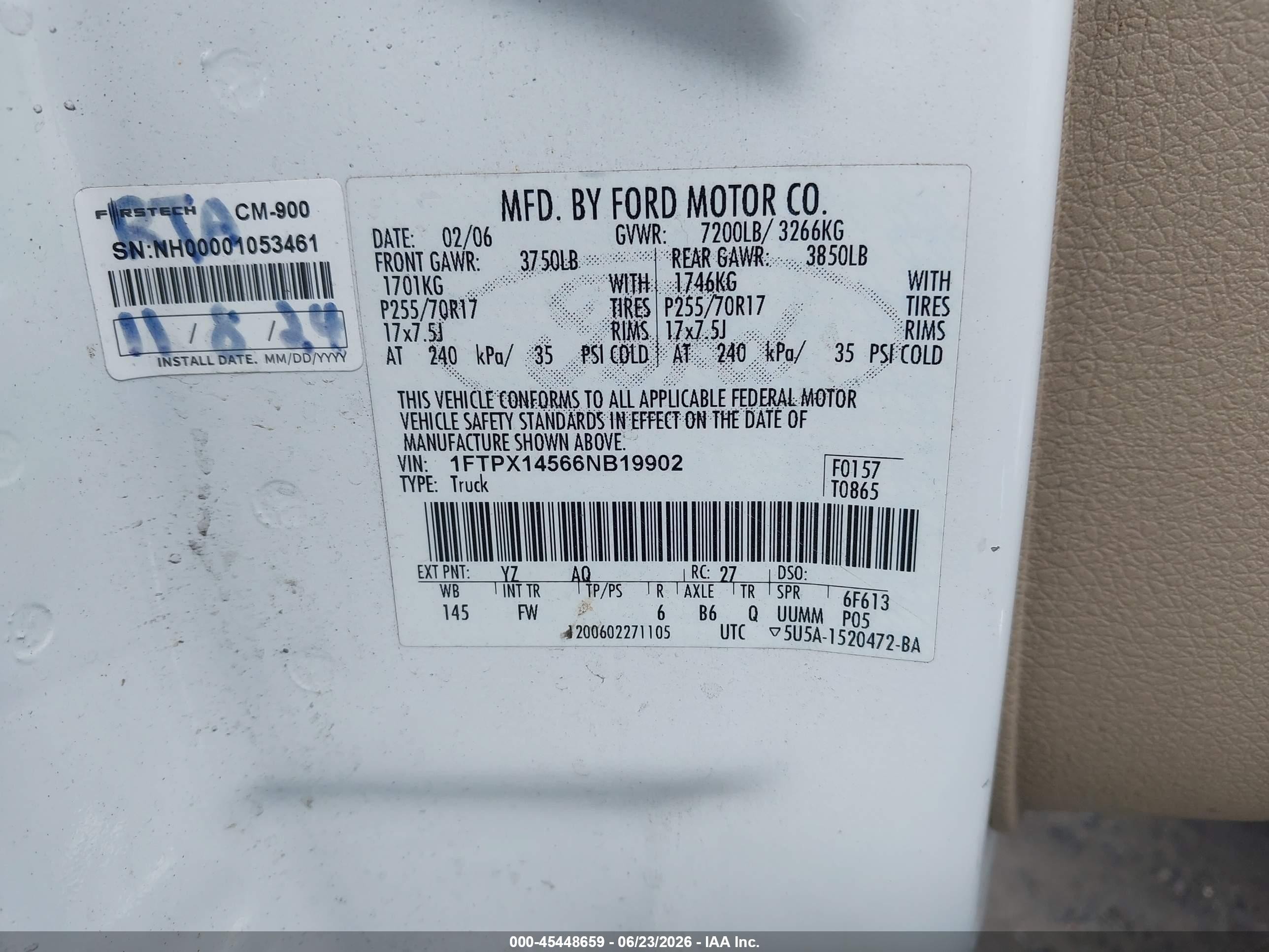 2006 Ford F-150 Fx4/lariat/xl/xlt White vin: 1FTPX14566NB19902
