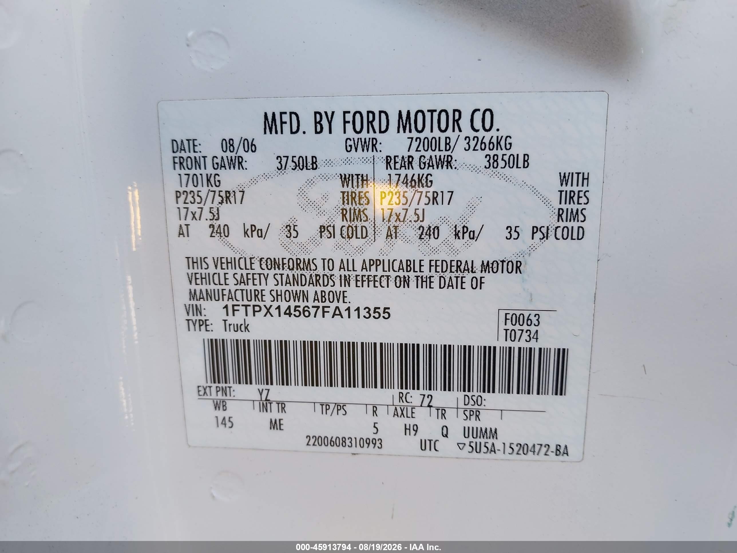 2007 Ford F-150 Fx4/lariat/xl/xlt Белый vin: 1FTPX14567FA11355
