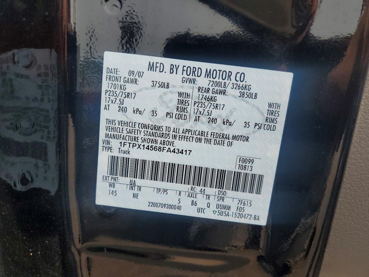 2008 Ford F150 Black vin: 1FTPX14568FA43417
