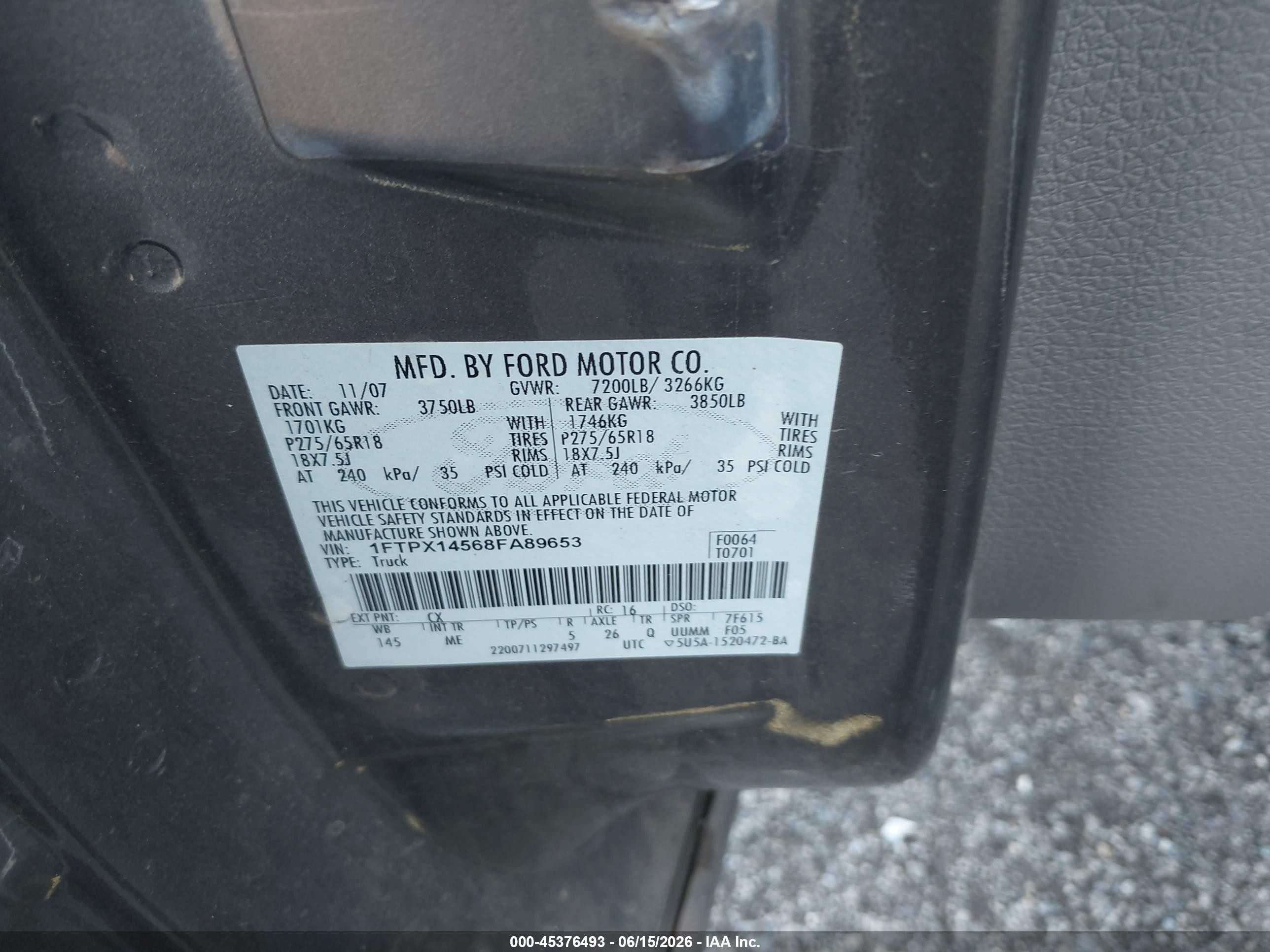 2008 Ford F-150 Fx4/lariat/xl/xlt Gray vin: 1FTPX14568FA89653