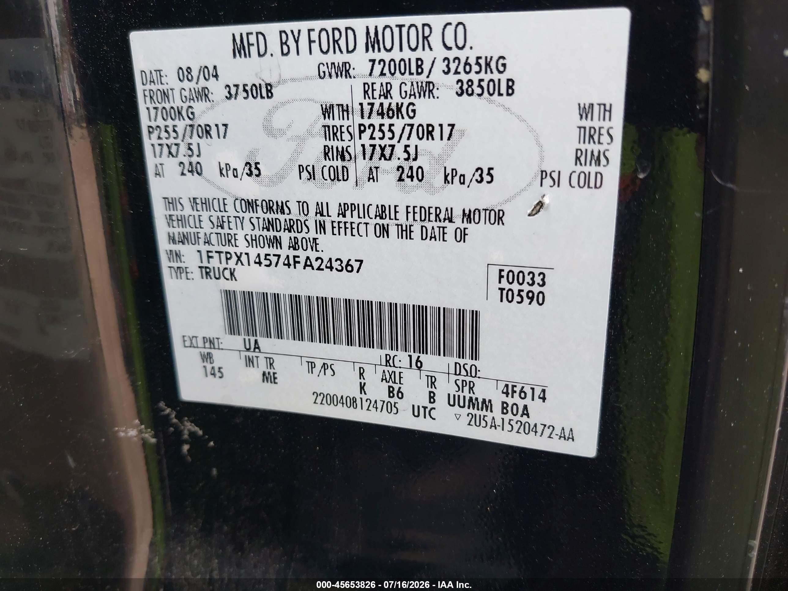2004 Ford F-150 Fx4/lariat/xl/xlt Black vin: 1FTPX14574FA24367