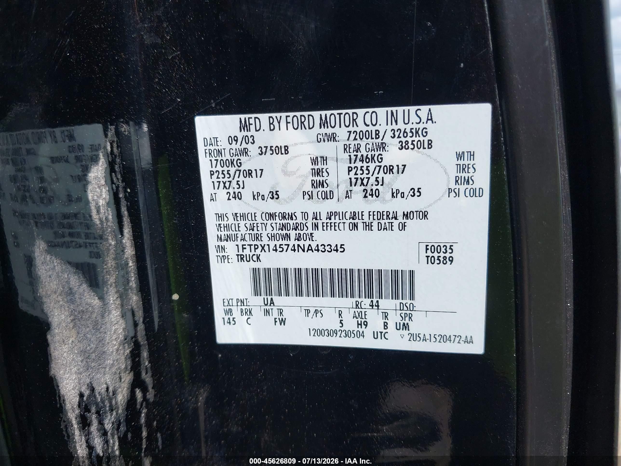 2004 Ford F-150 Fx4/lariat/xl/xlt Black vin: 1FTPX14574NA43345