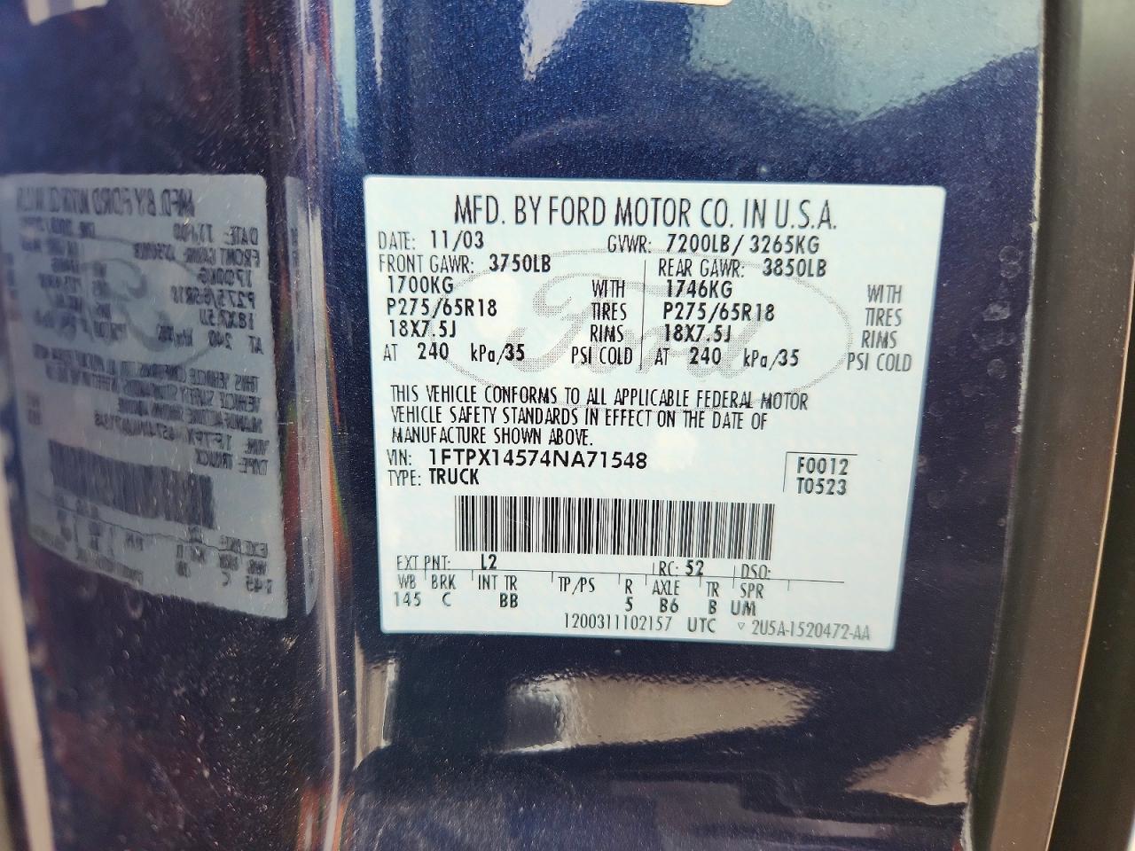 2004 Ford F150 Blue vin: 1FTPX14574NA71548