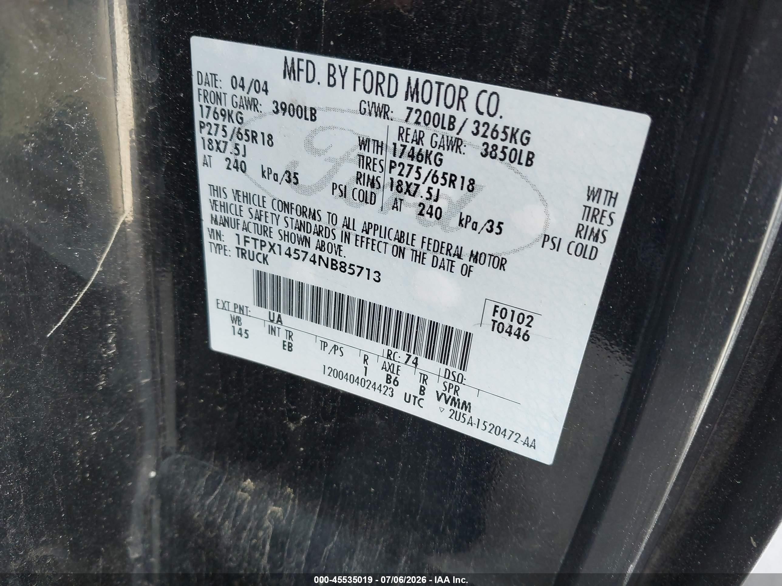 2004 Ford F-150 Fx4/lariat/xl/xlt Black vin: 1FTPX14574NB85713