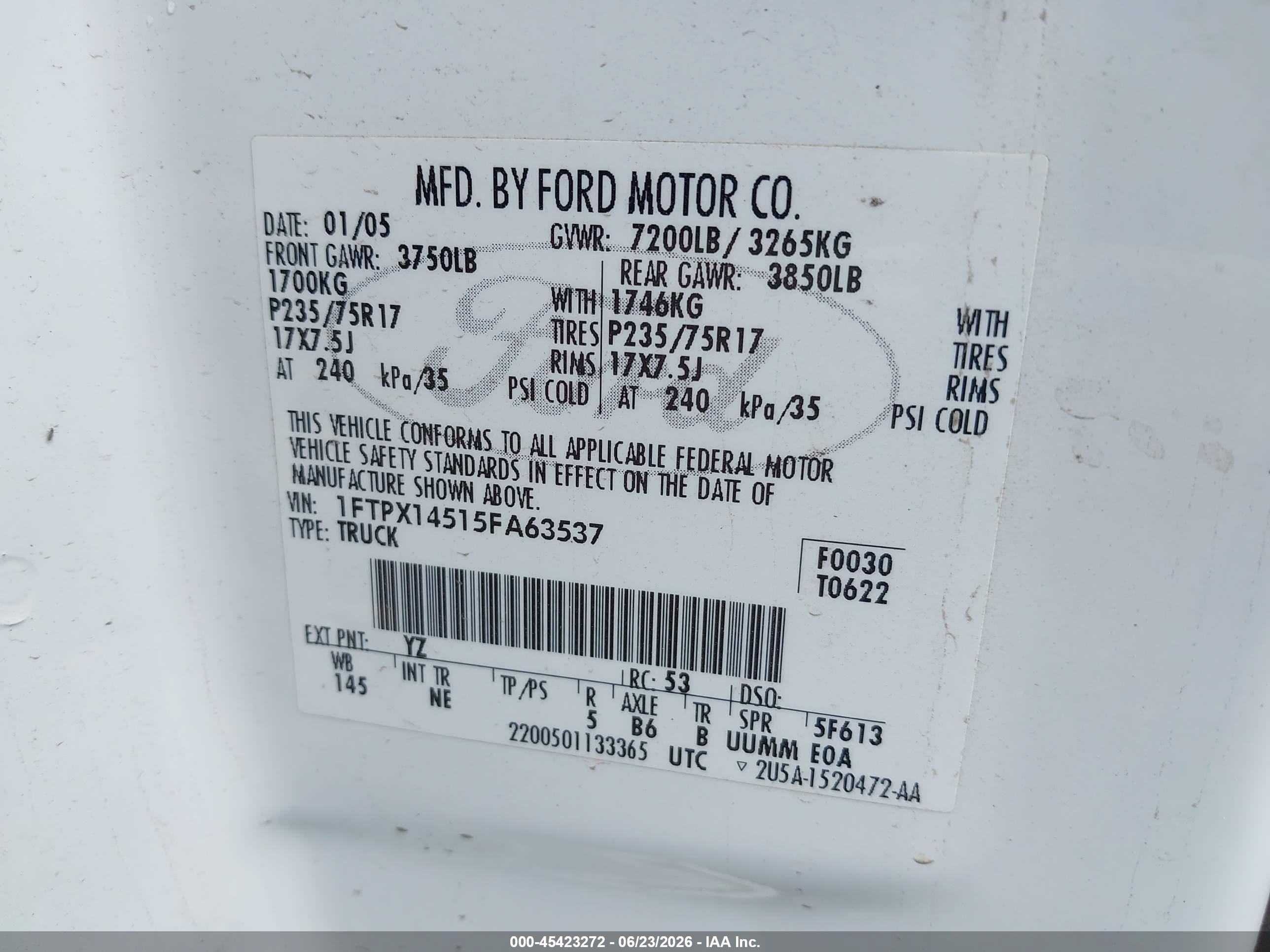 2005 Ford F-150 Fx4/lariat/xl/xlt White vin: 1FTPX14575FA63537