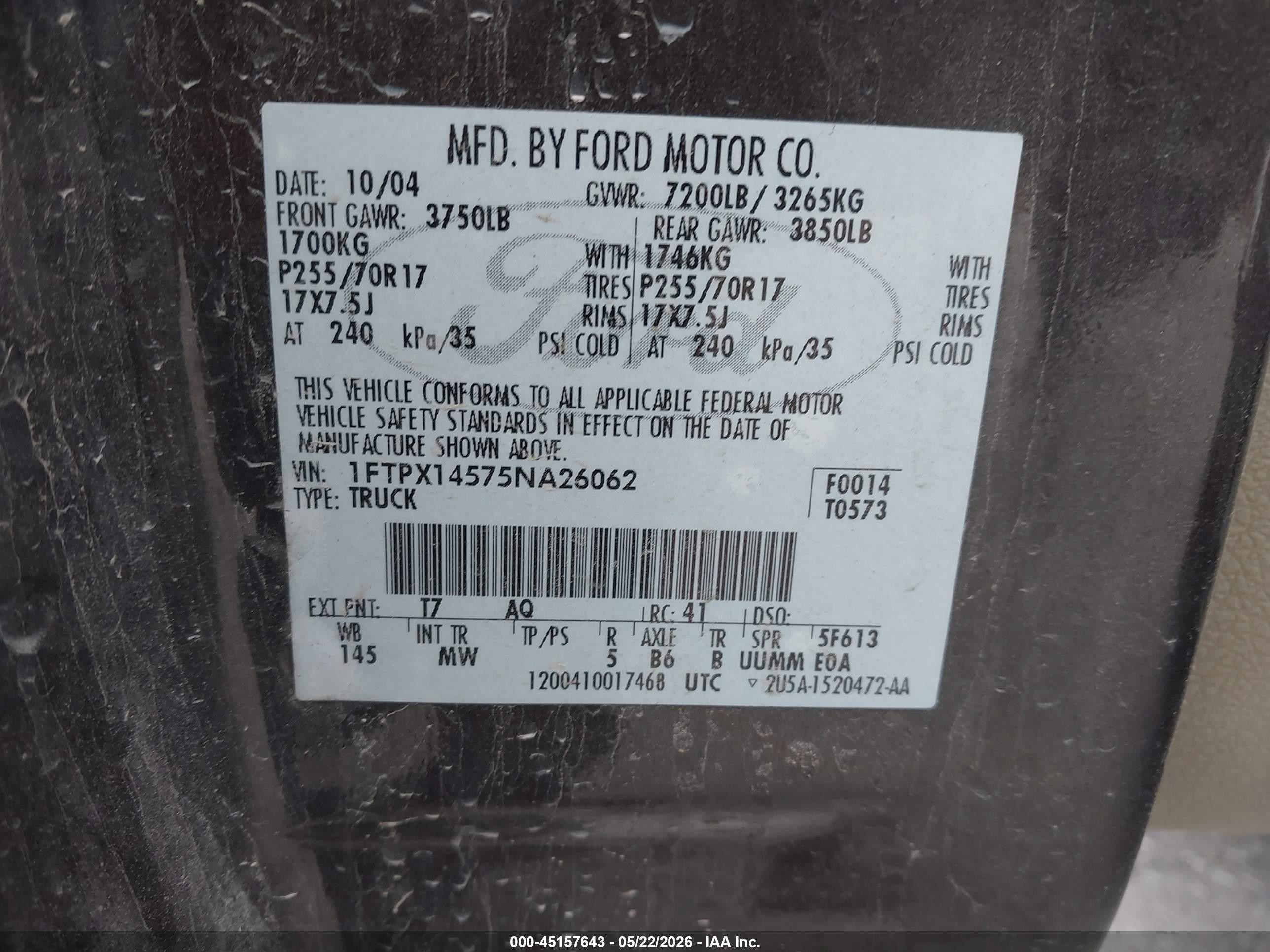 2005 Ford F-150 Fx4/lariat/xl/xlt Brown vin: 1FTPX14575NA26062